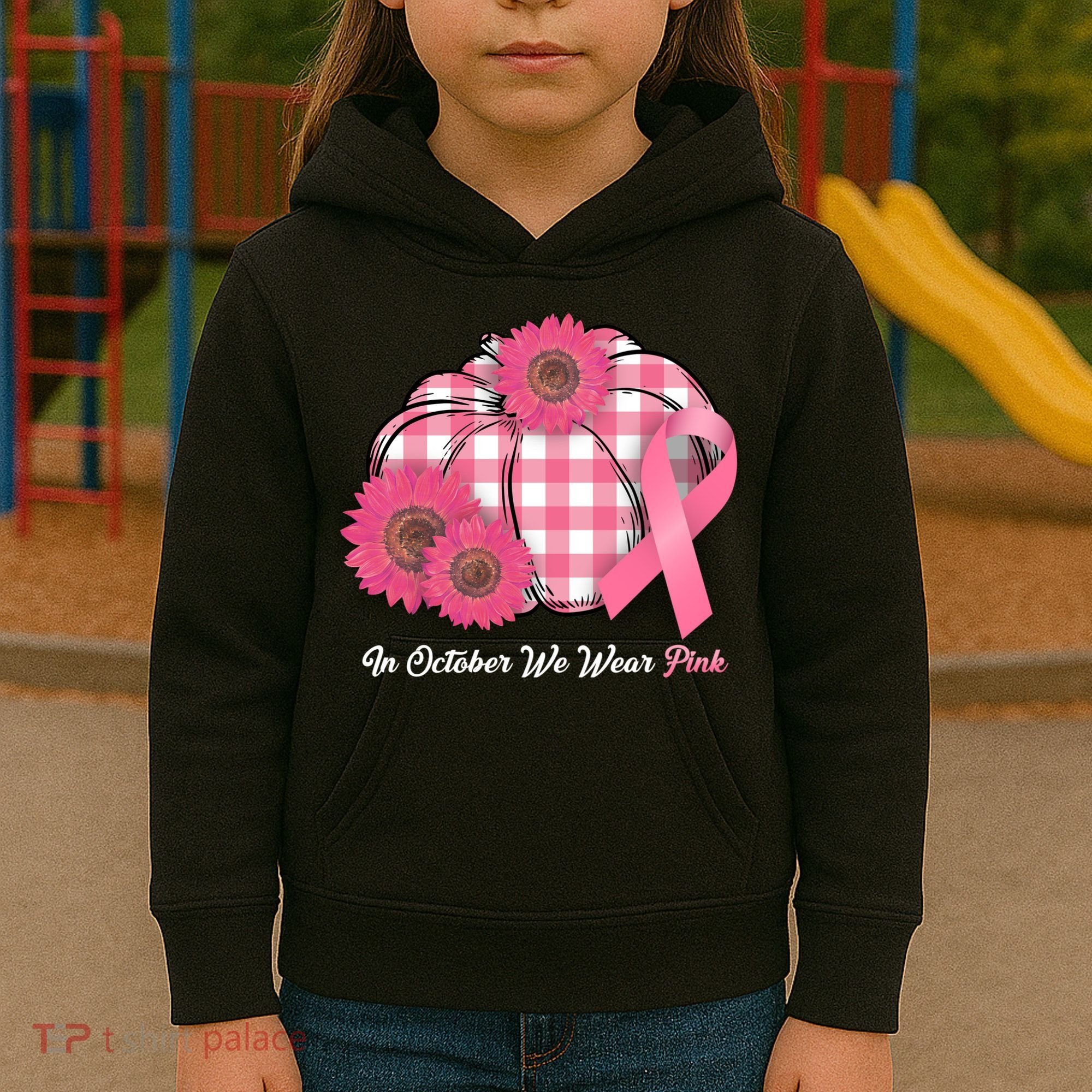 In October We Wear Pink Pumpkin Breast Cancer Plaid Kids Hoodie