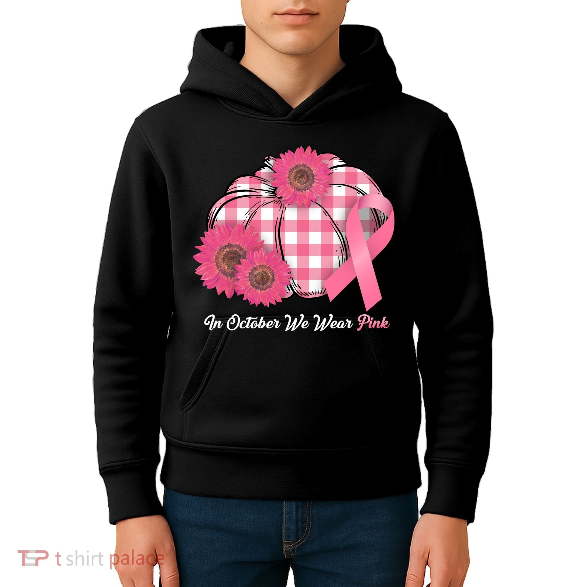 In October We Wear Pink Pumpkin Breast Cancer Plaid Kids Hoodie