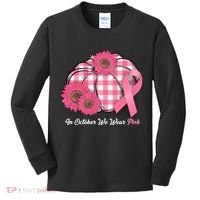 In October We Wear Pink Pumpkin Breast Cancer Plaid Kids Long Sleeve Shirt thumb 0