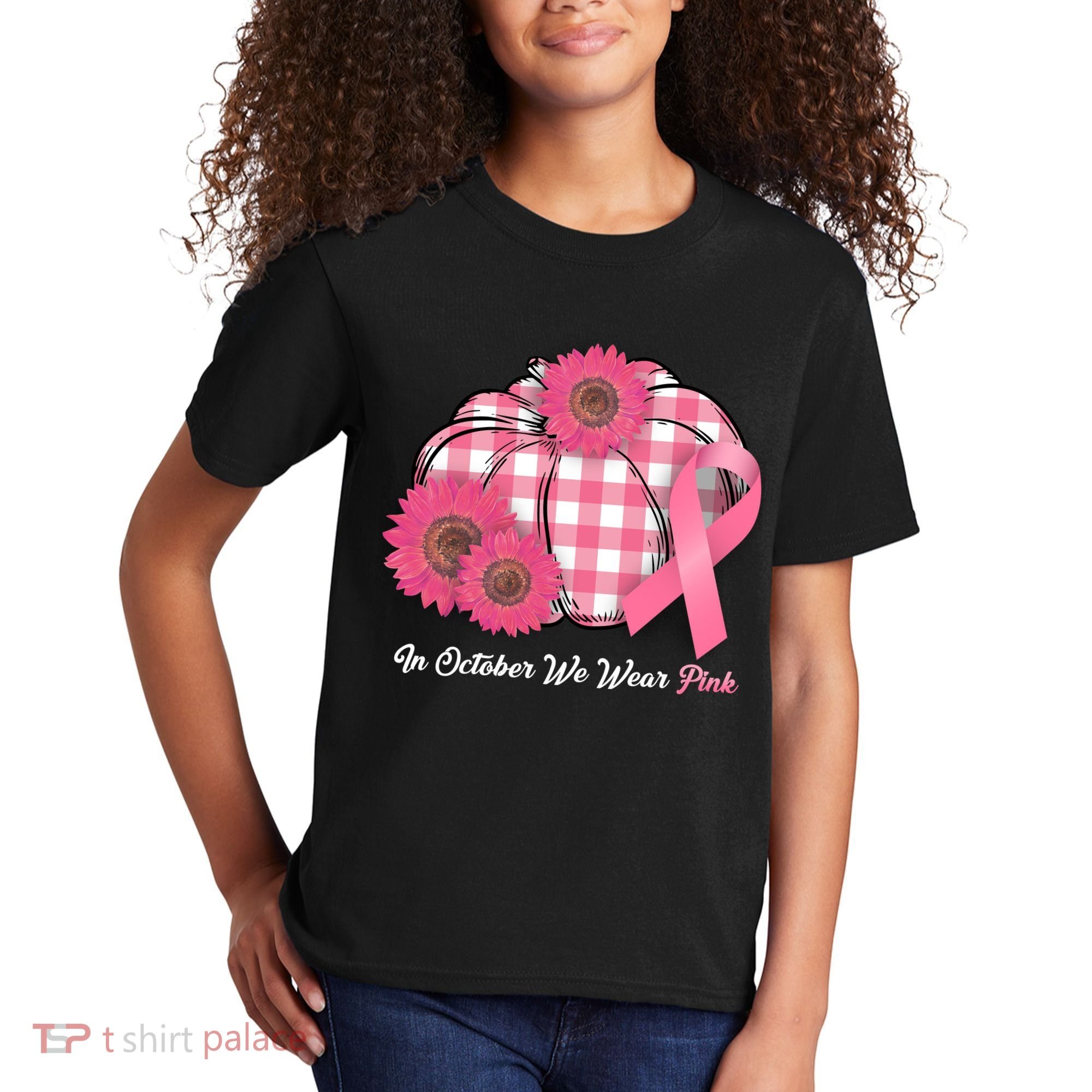 In October We Wear Pink Pumpkin Breast Cancer Plaid Kids T-Shirt