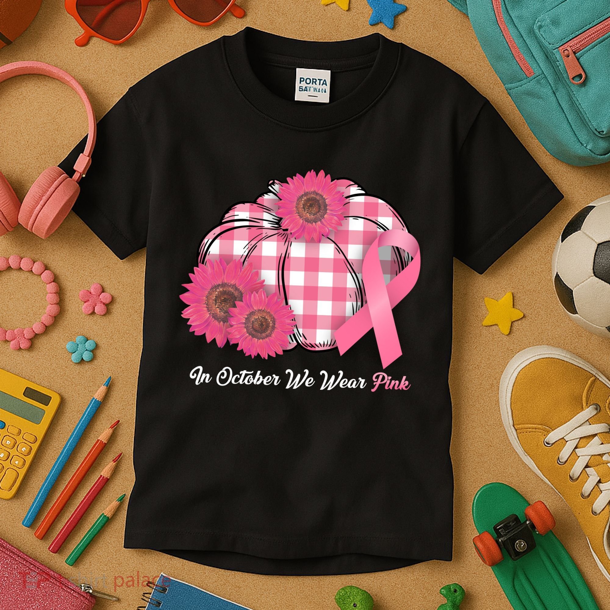In October We Wear Pink Pumpkin Breast Cancer Plaid Kids T-Shirt