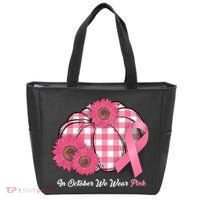 In October We Wear Pink Pumpkin Breast Cancer Plaid Tote Bag thumb 0