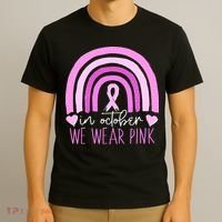 In October We Wear Pink Ribbon Rainbow Breast Cancer Awareness T-Shirt thumb 3