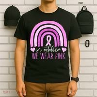 In October We Wear Pink Ribbon Rainbow Breast Cancer Awareness T-Shirt thumb 6