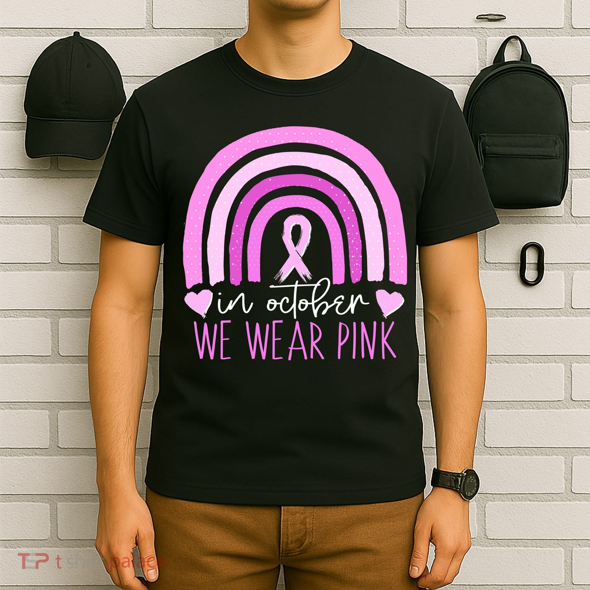 In October We Wear Pink Ribbon Rainbow Breast Cancer Awareness T-Shirt