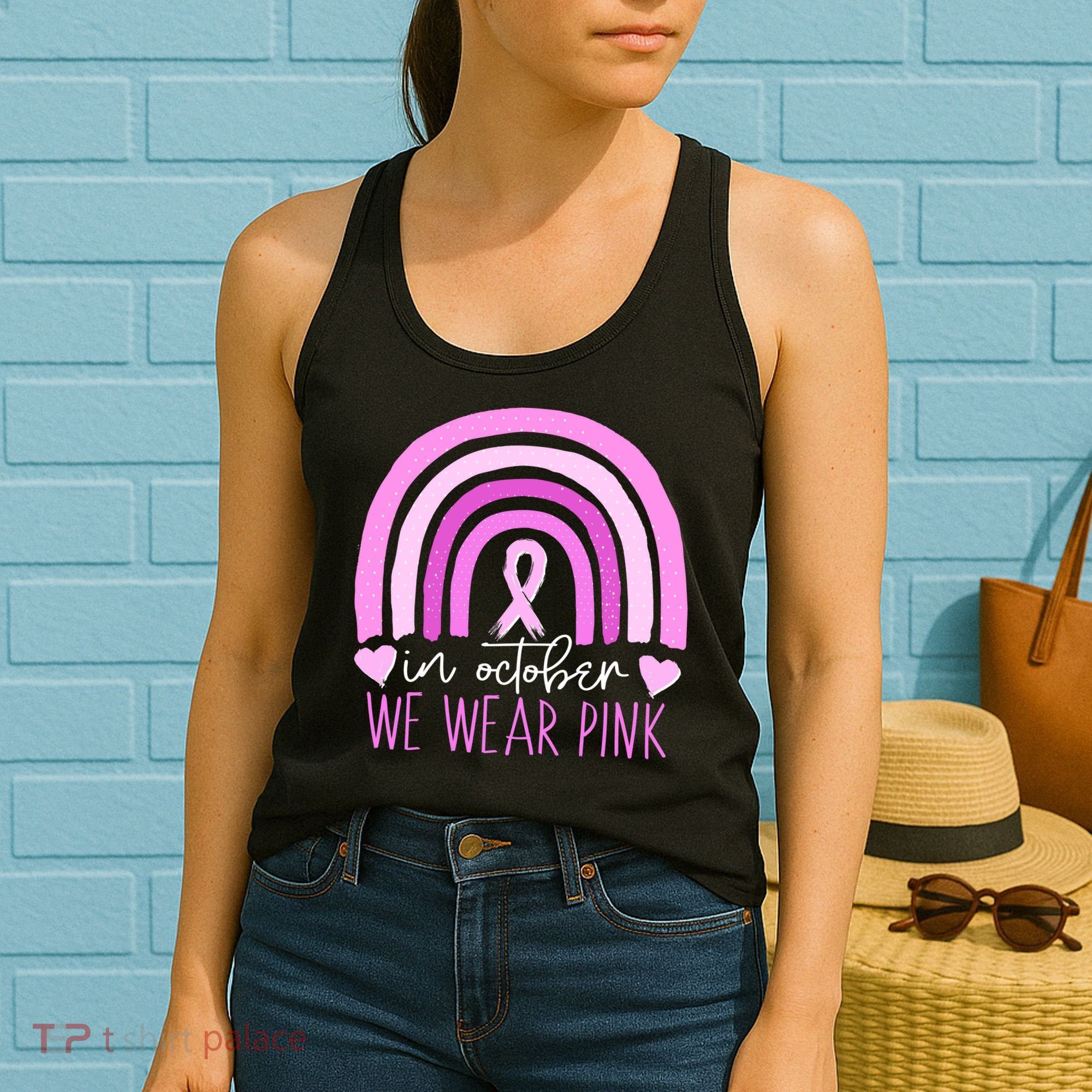 In October We Wear Pink Ribbon Rainbow Breast Cancer Awareness Women's Tank Top
