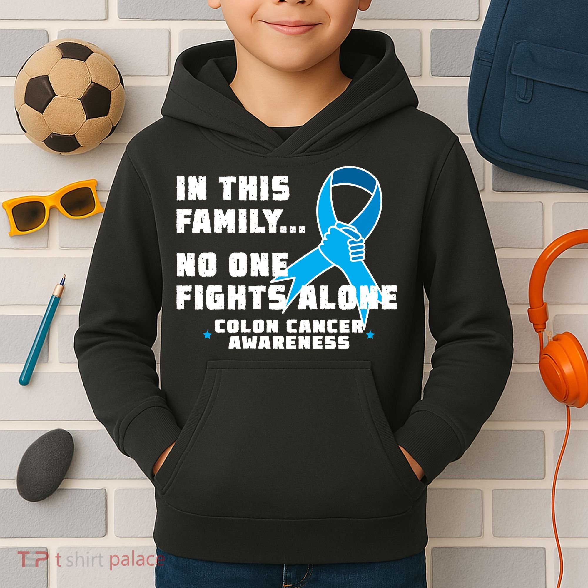 In This Family No One Fights Alone Colon Cancer Kids Hoodie