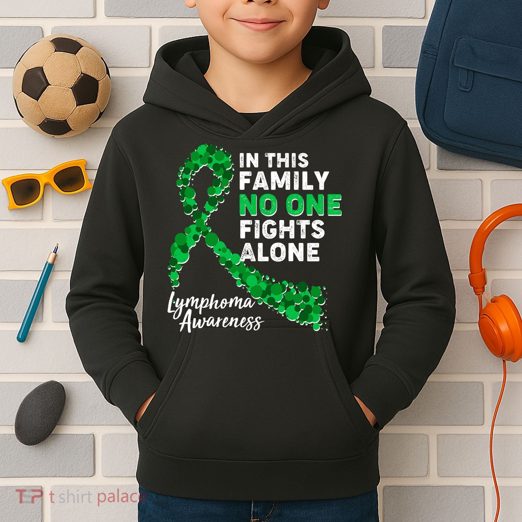 In This Family No One Fights Alone Lymphoma Awareness Kids Hoodie