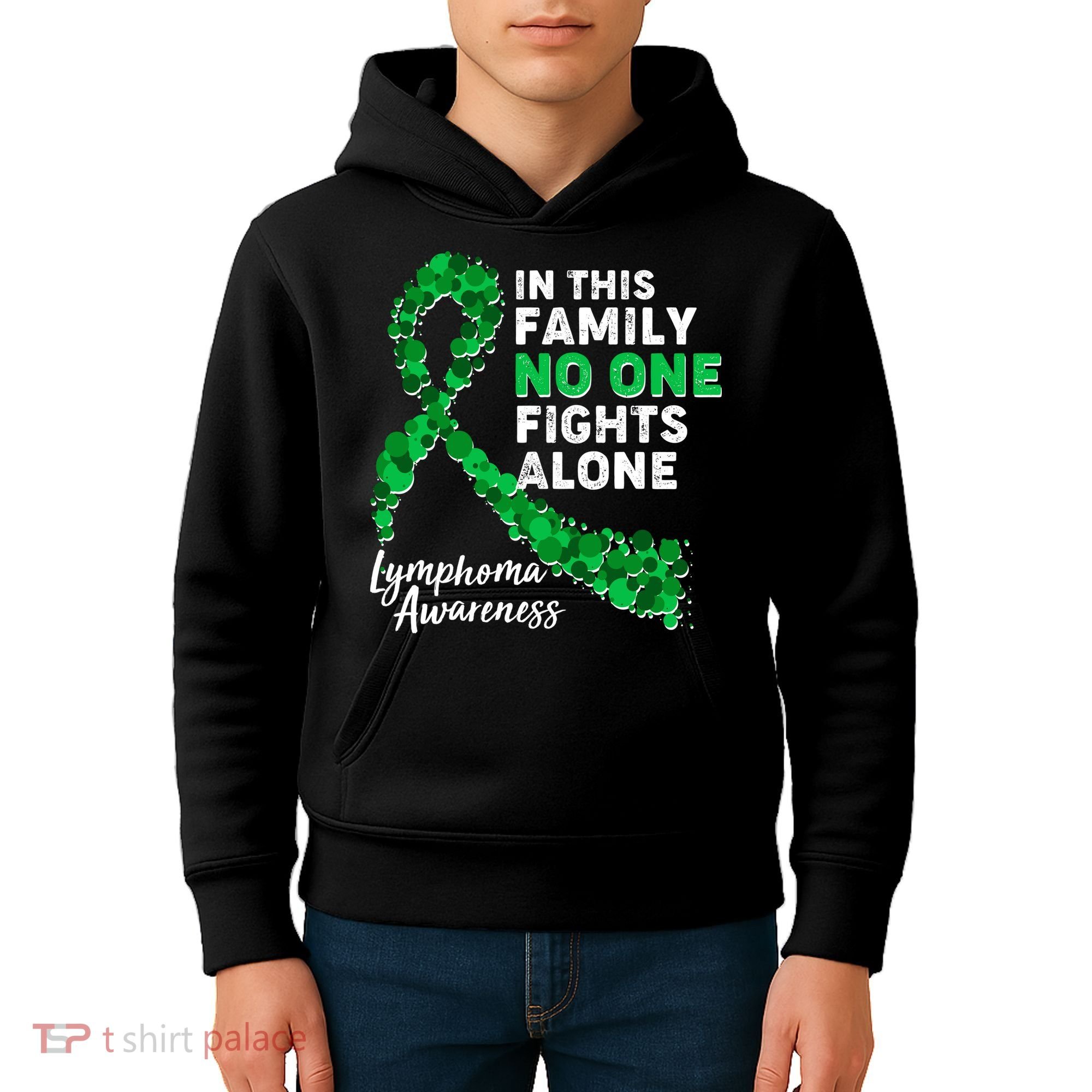 In This Family No One Fights Alone Lymphoma Awareness Kids Hoodie