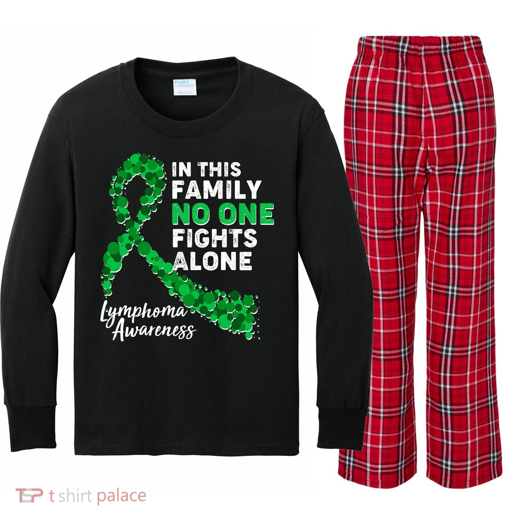In This Family No One Fights Alone Lymphoma Awareness Kids Long Sleeve Plaid Pajama Set