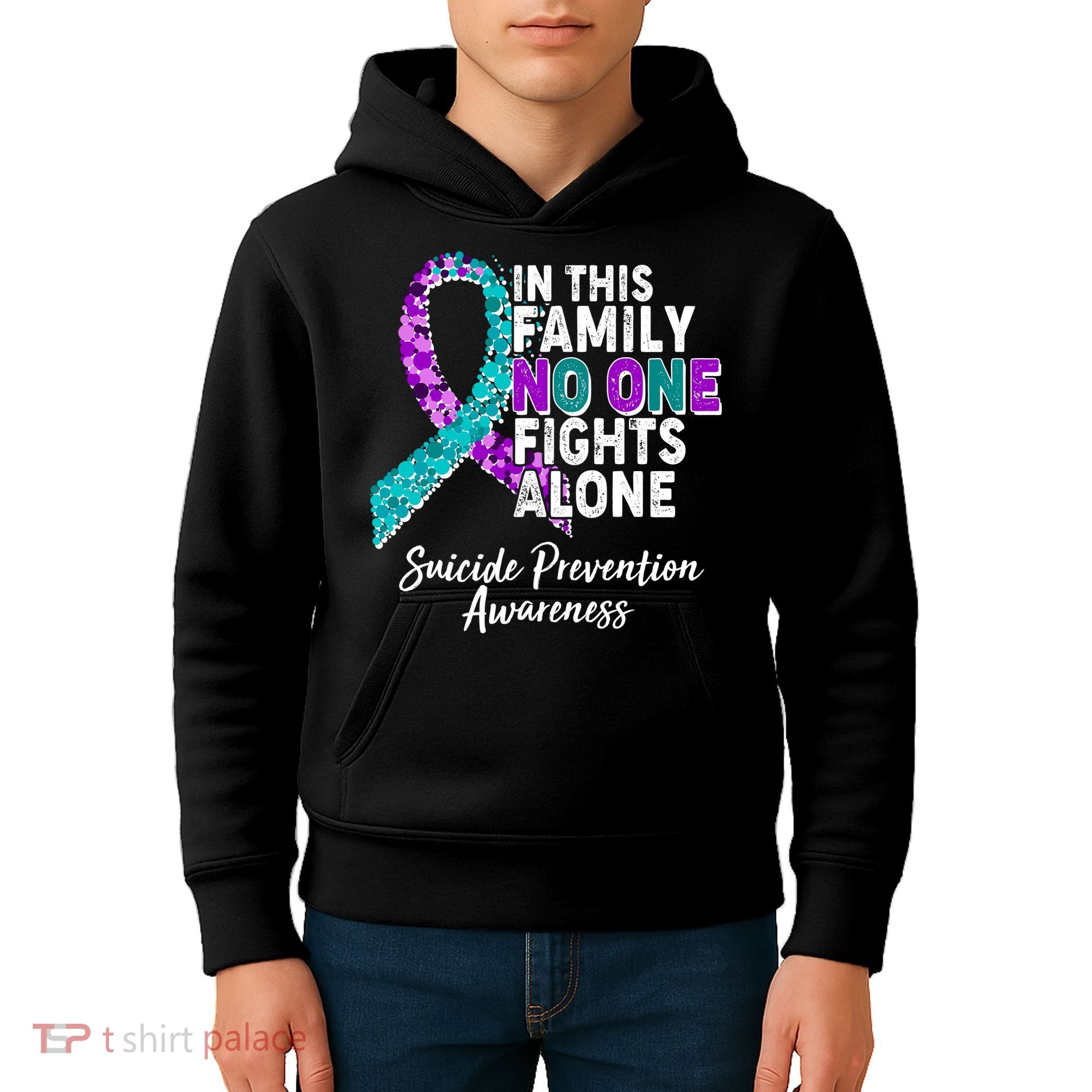 In This Family No One Fights Alone Suicide Prevention Awareness Kids Hoodie