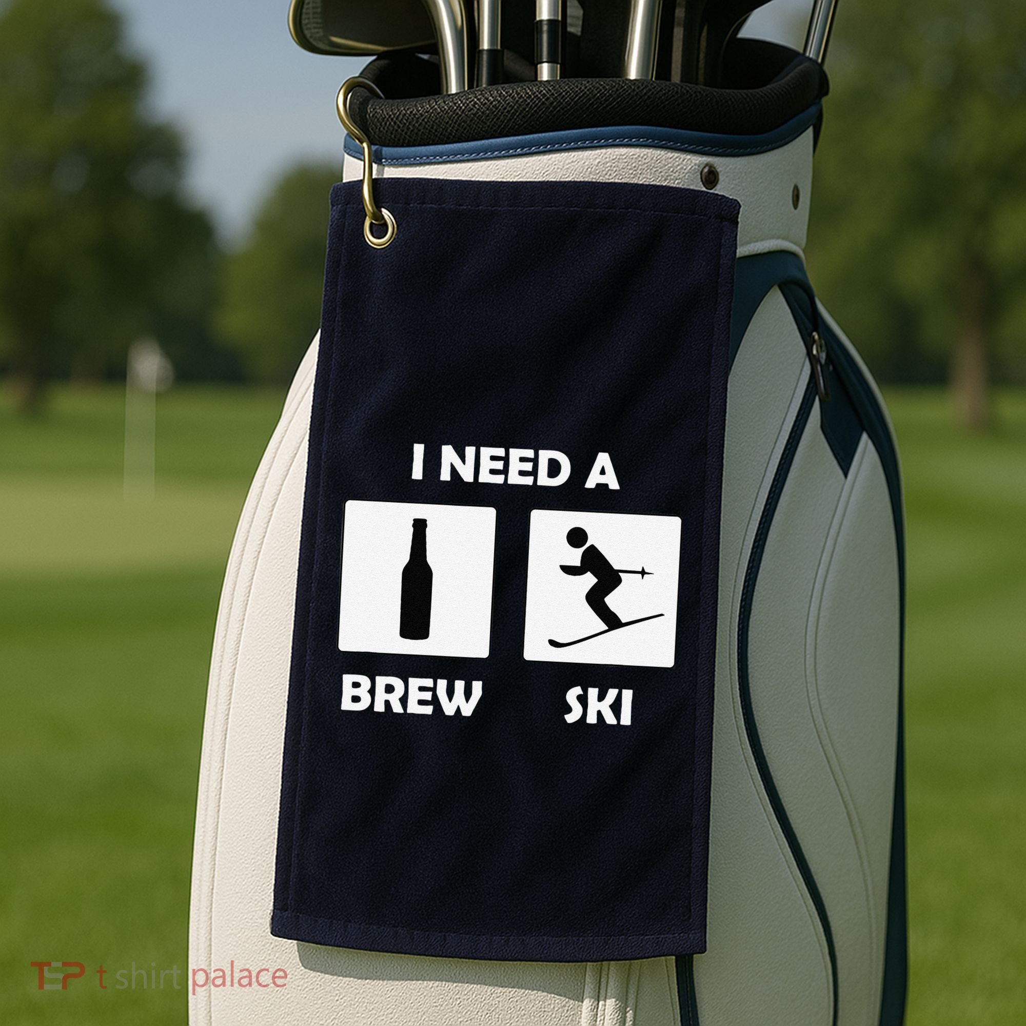 I Need a Brewski Funny Beer Drinking Skier Ski Vacation Golf Towel