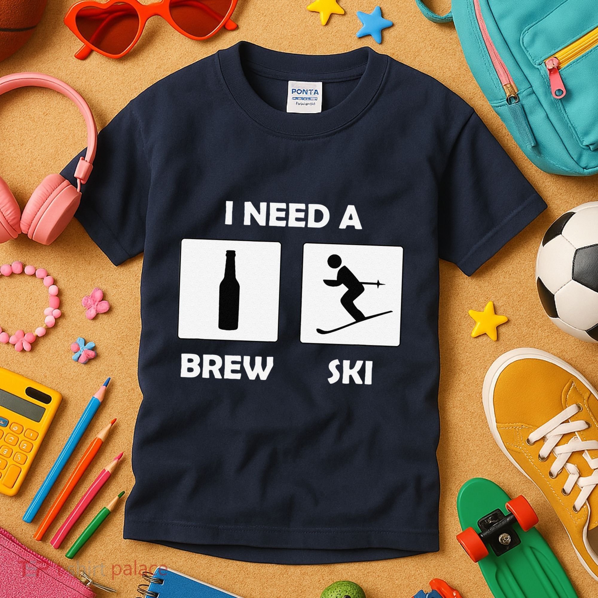 I Need a Brewski Funny Beer Drinking Skier Ski Vacation Kids T-Shirt