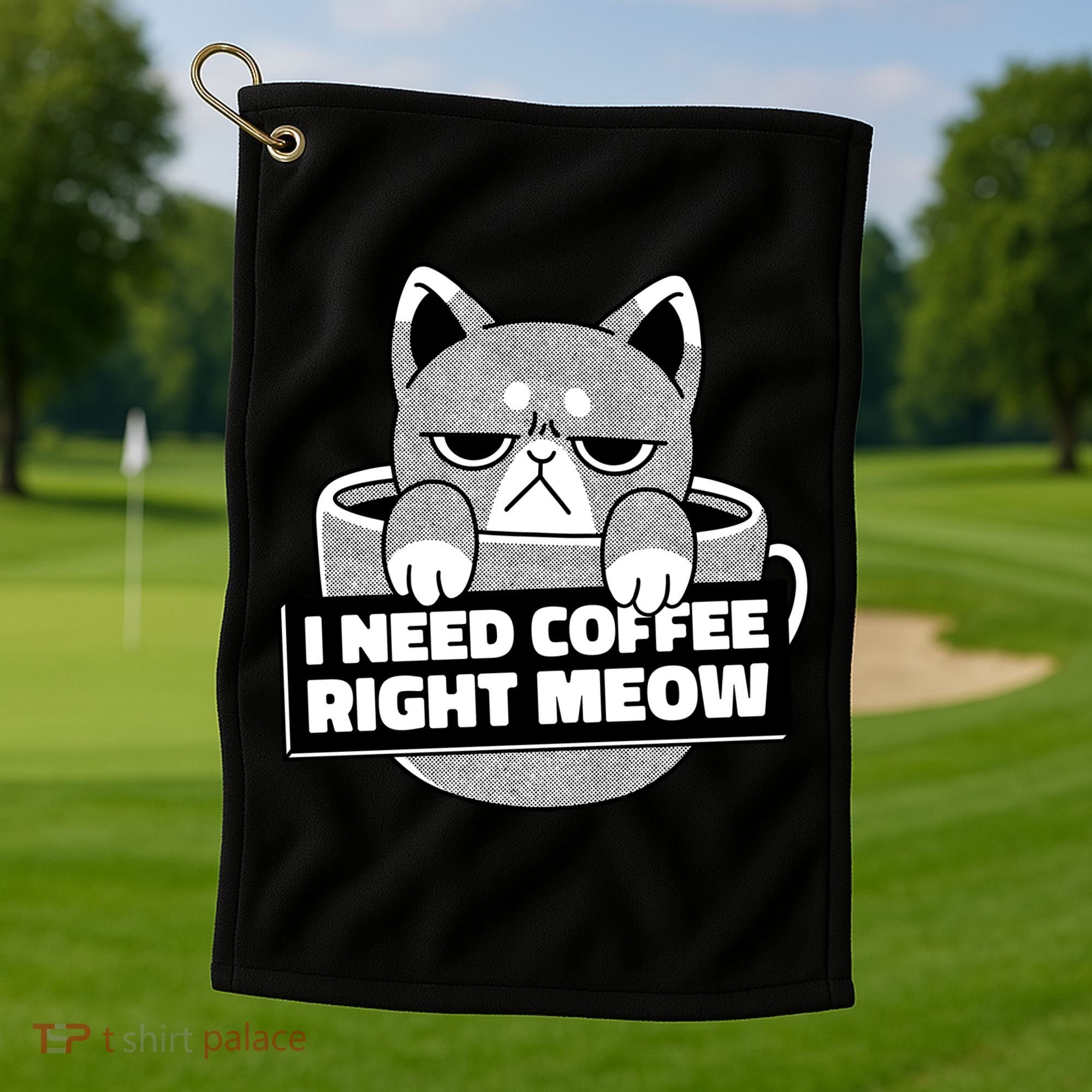 I Need Coffee Right Meow Golf Towel