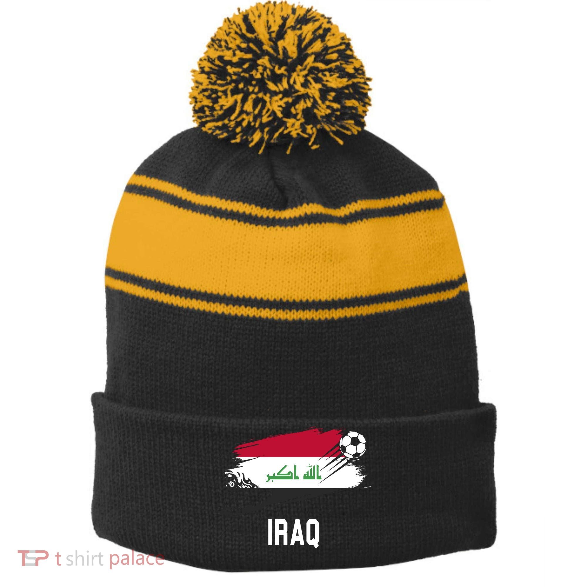 Iraq National Football Soccer Team Flag Stripe Pom Pom Beanie