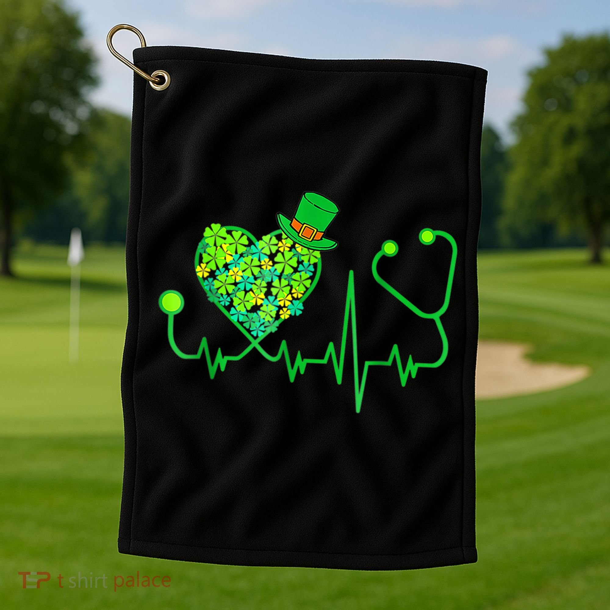 Irish Nurse Stethoscope Heartbeat Shamrock St Patricks Day Golf Towel
