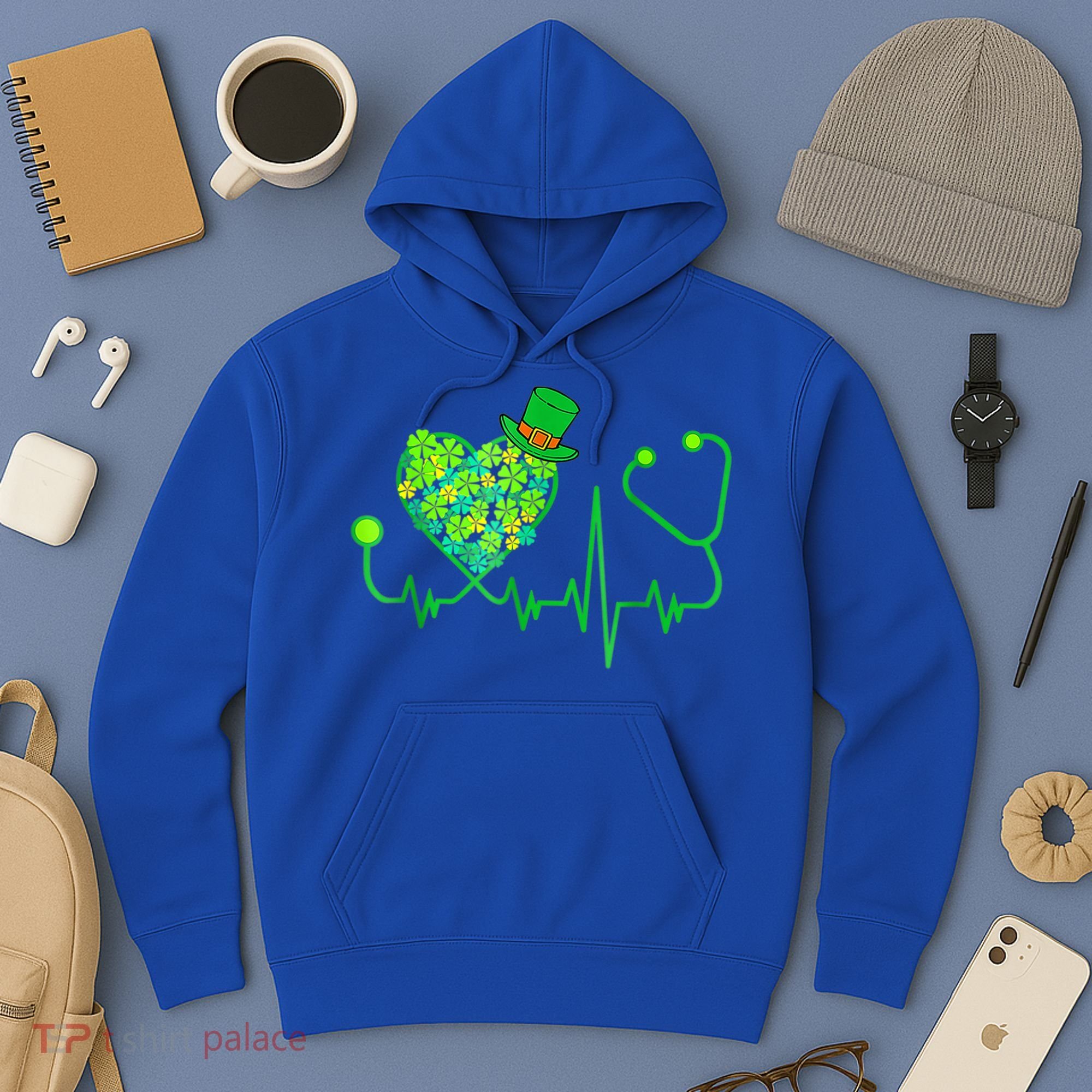 Irish Nurse Stethoscope Heartbeat Shamrock St Patricks Day Hoodie