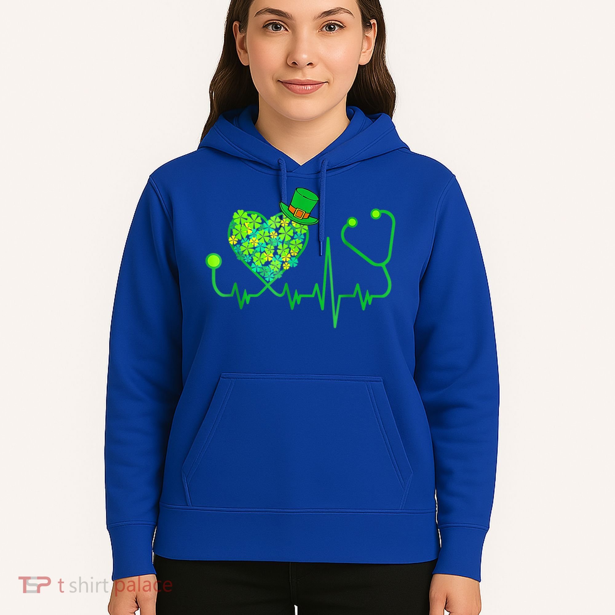 Irish Nurse Stethoscope Heartbeat Shamrock St Patricks Day Hoodie