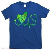 Irish Nurse Stethoscope Heartbeat Shamrock St Patricks Day T-Shirt thumb 0