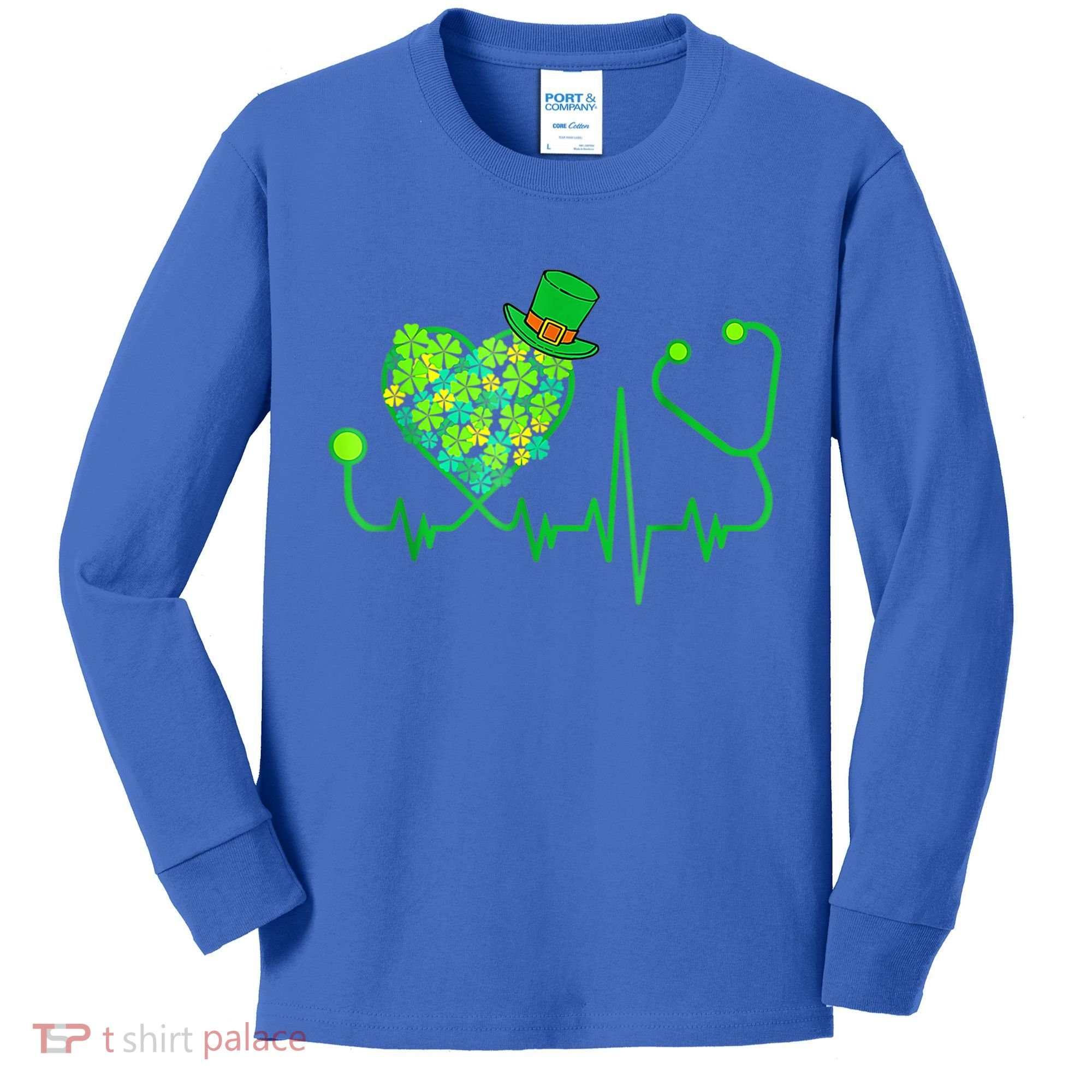 Irish Nurse Stethoscope Heartbeat Shamrock St Patricks Day Kids Long Sleeve Shirt