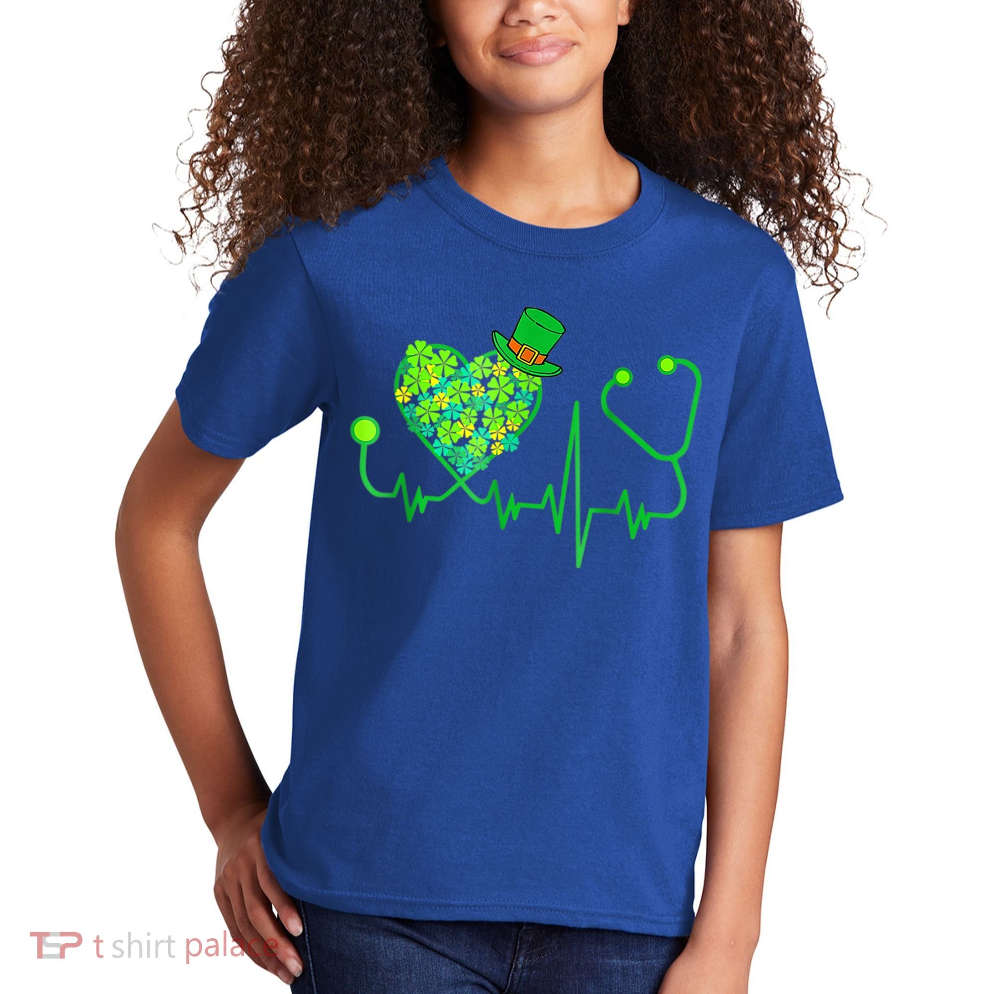 Irish Nurse Stethoscope Heartbeat Shamrock St Patricks Day Kids T-Shirt