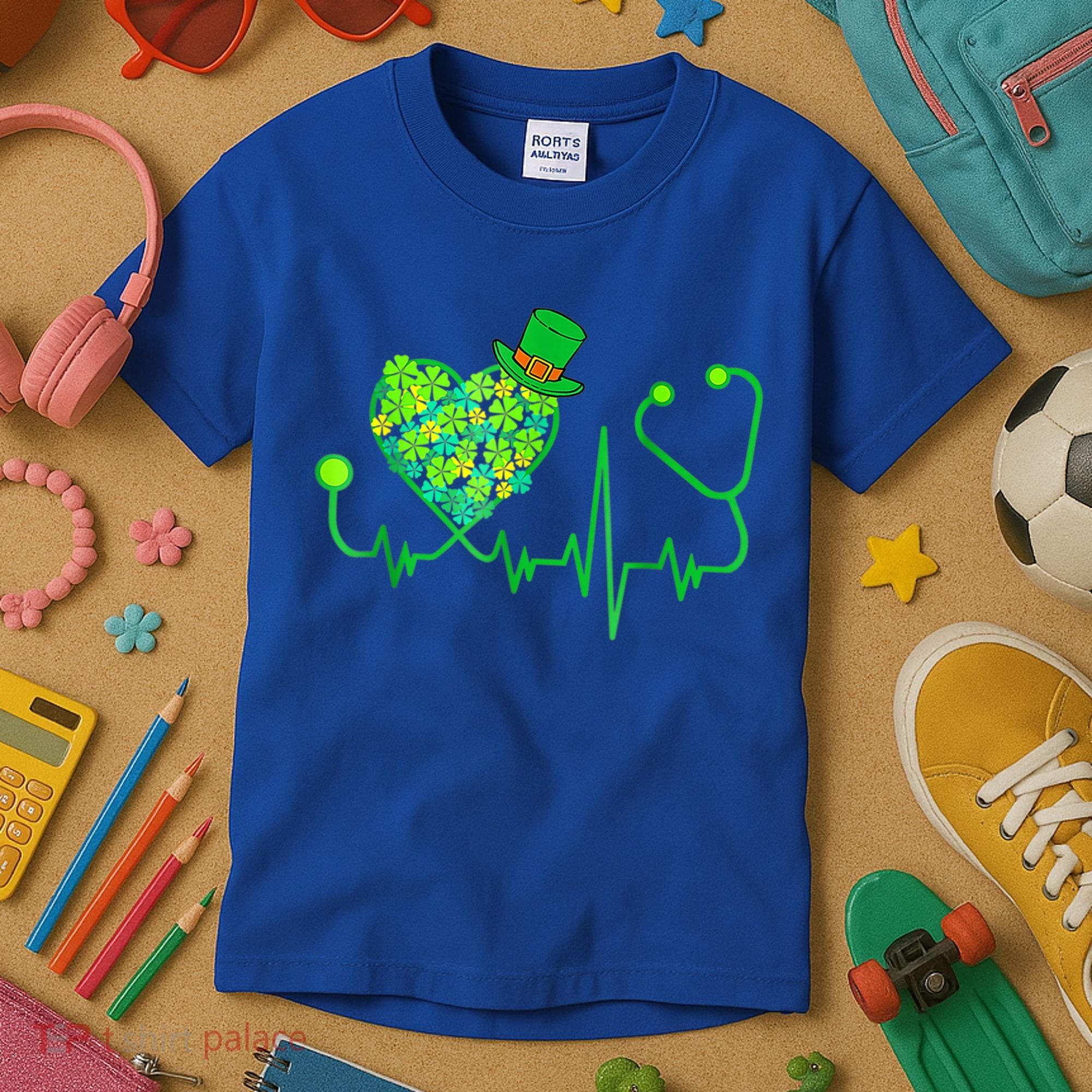 Irish Nurse Stethoscope Heartbeat Shamrock St Patricks Day Kids T-Shirt