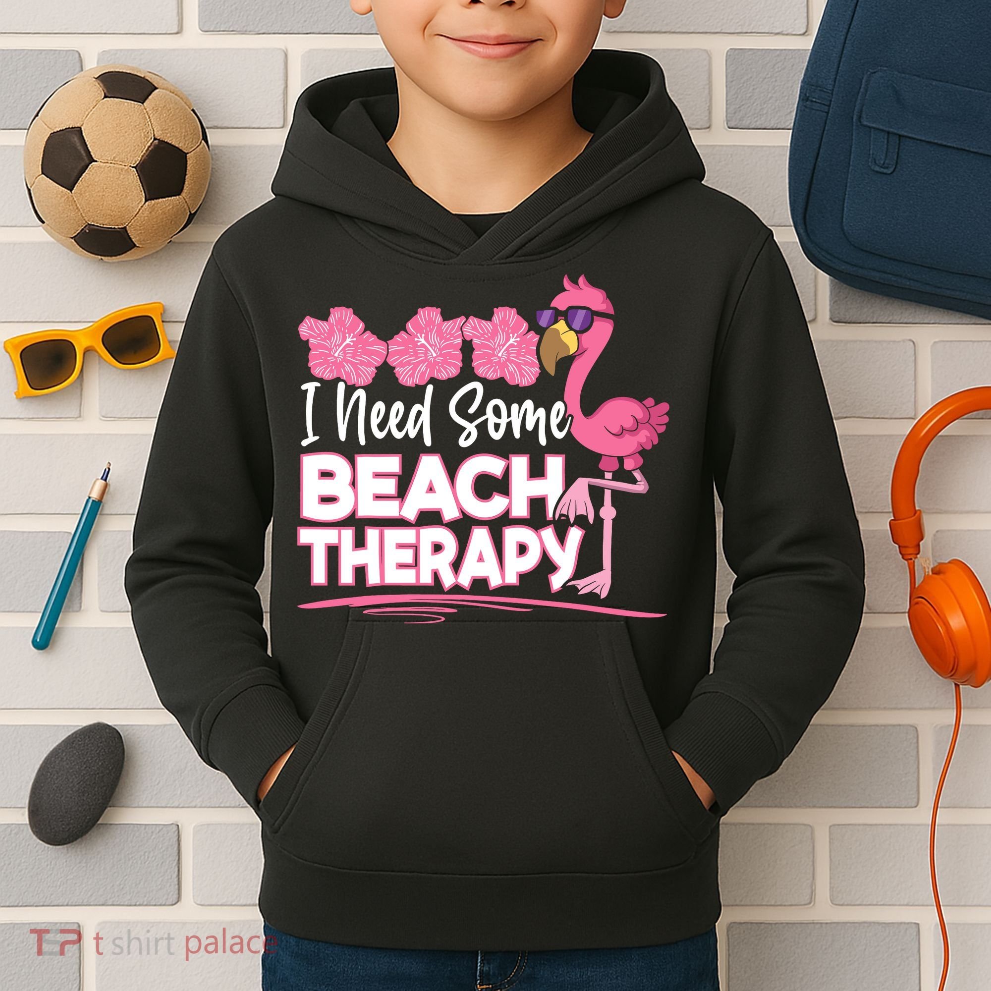 I Need Some Beach Therapy Summer Vacay Flamingo Kids Hoodie