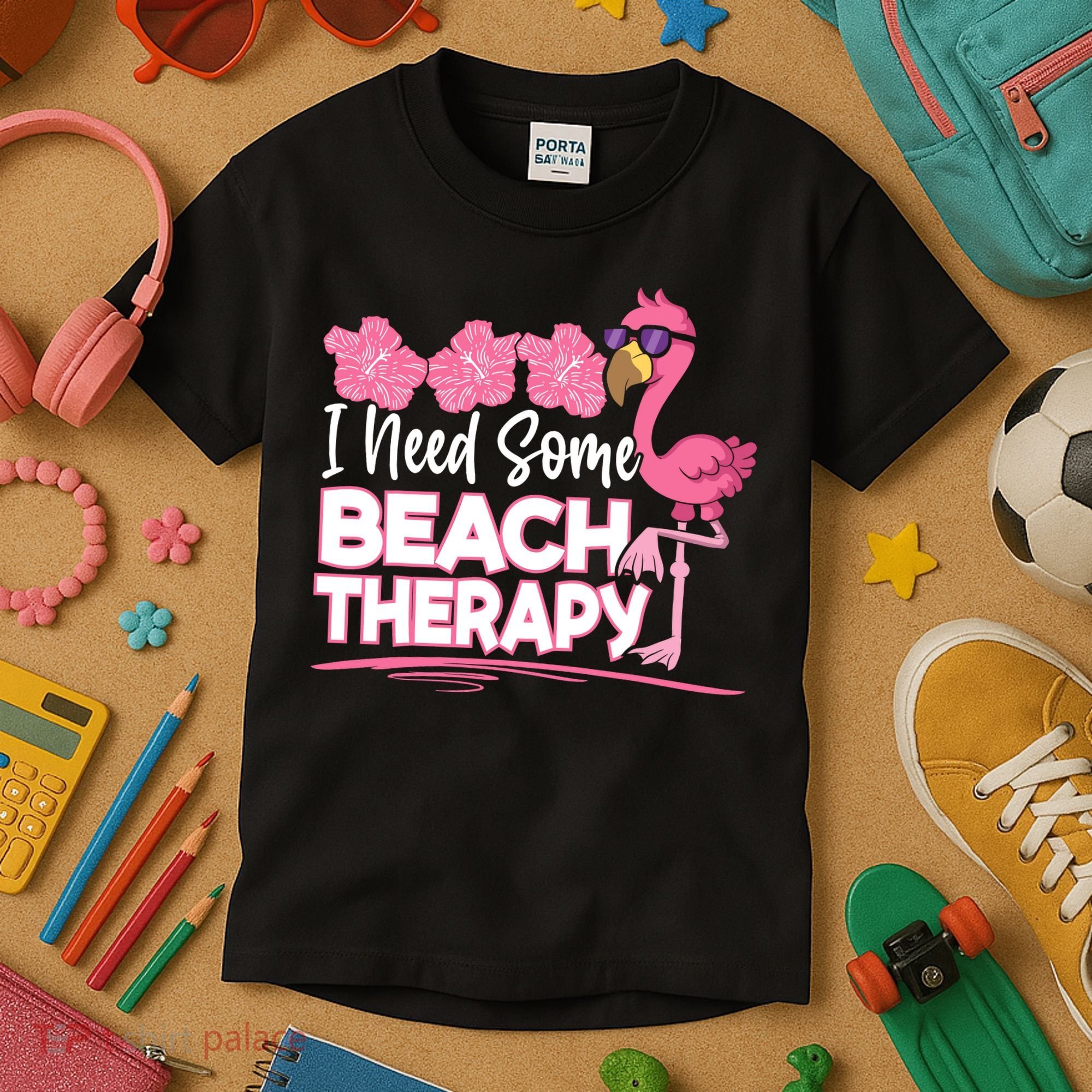 I Need Some Beach Therapy Summer Vacay Flamingo Kids T-Shirt