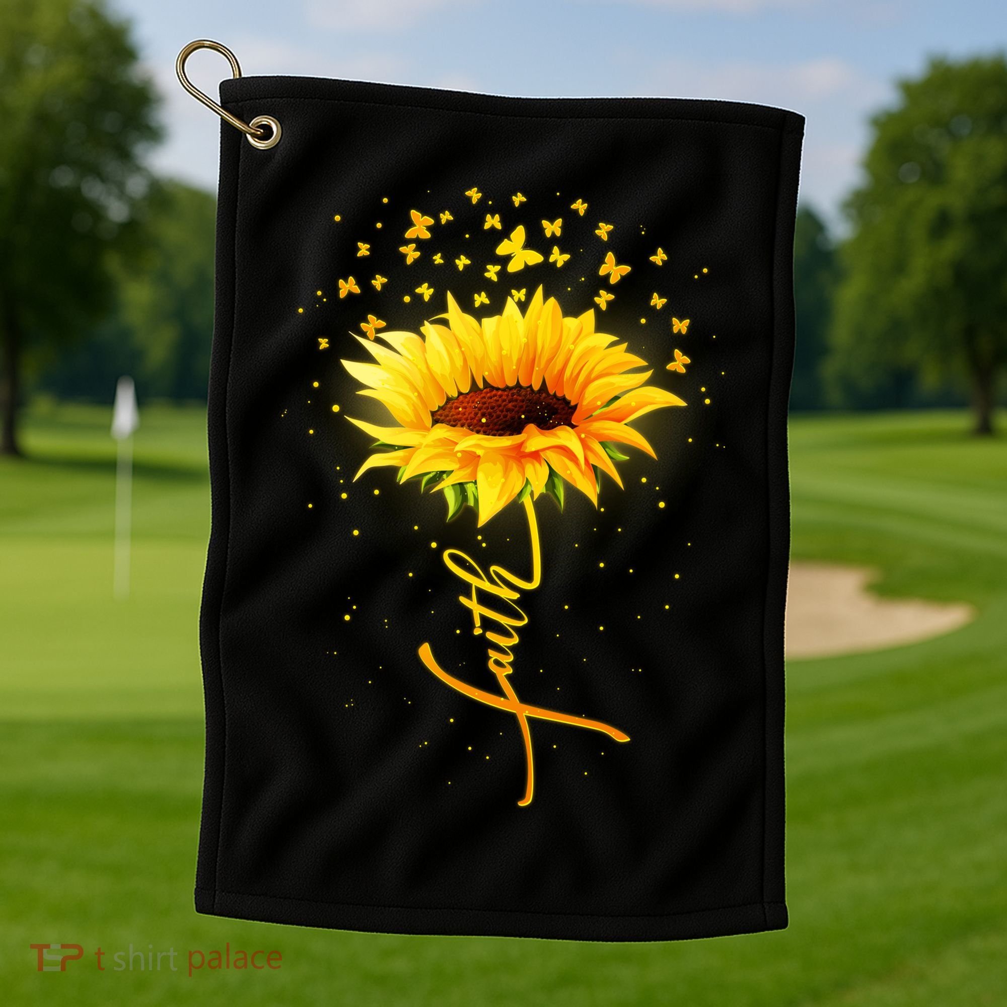 Inspirational Faith Sunflower & Butterflies Golf Towel