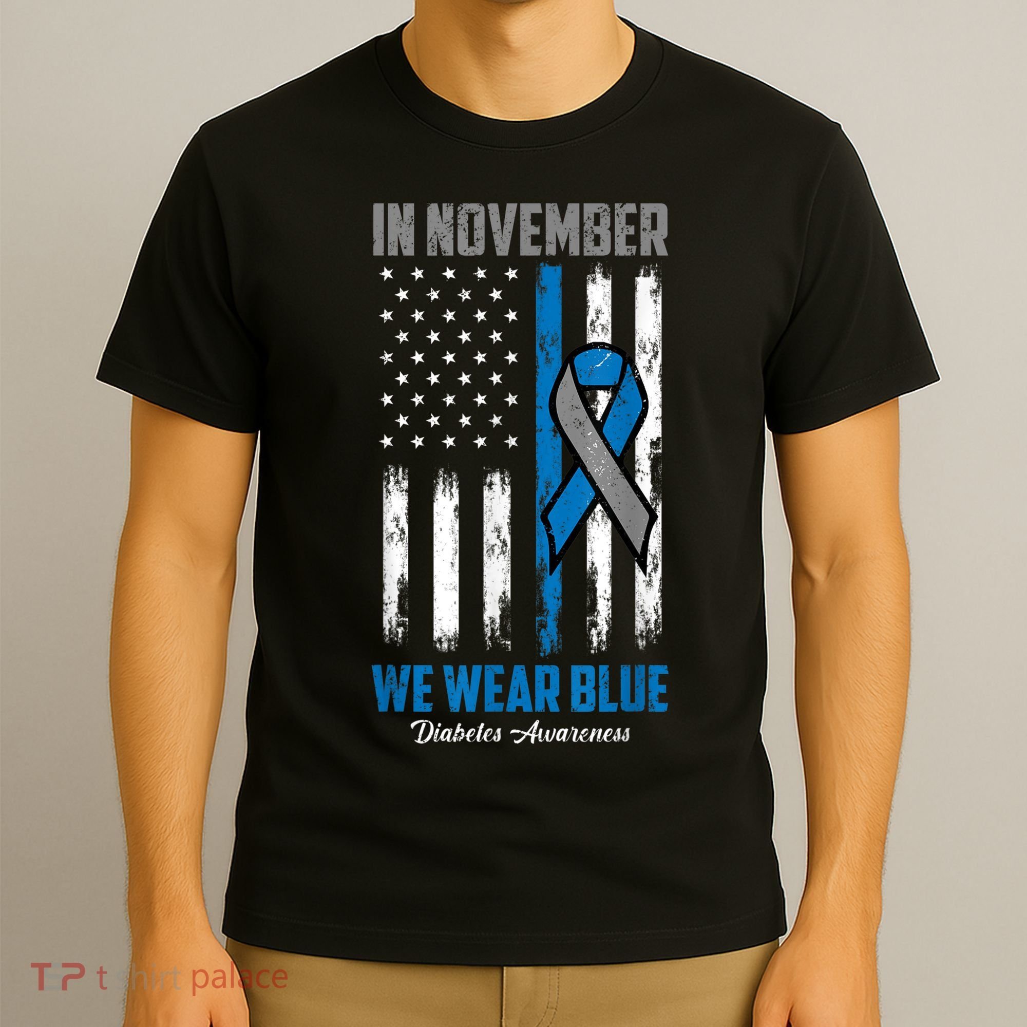 In November We Wear Blue USA Flag Diabetes Awareness Month T-Shirt