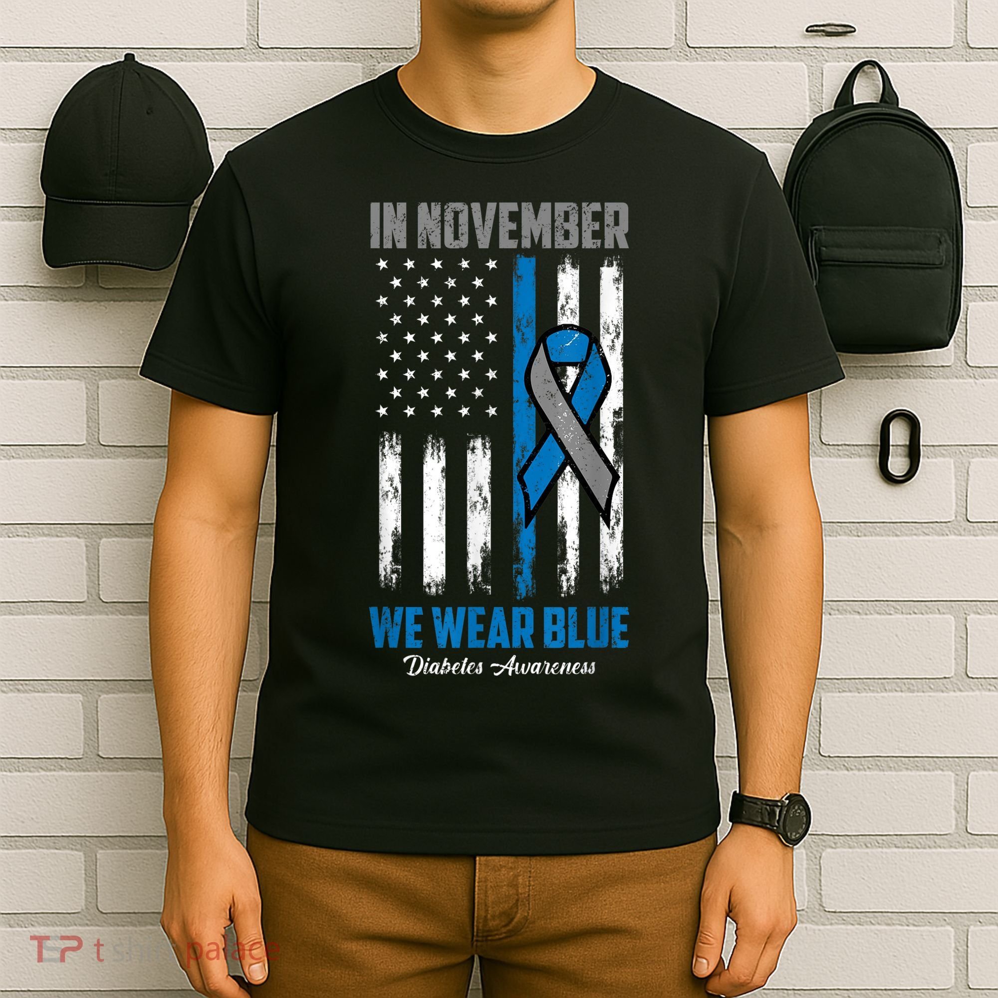 In November We Wear Blue USA Flag Diabetes Awareness Month T-Shirt