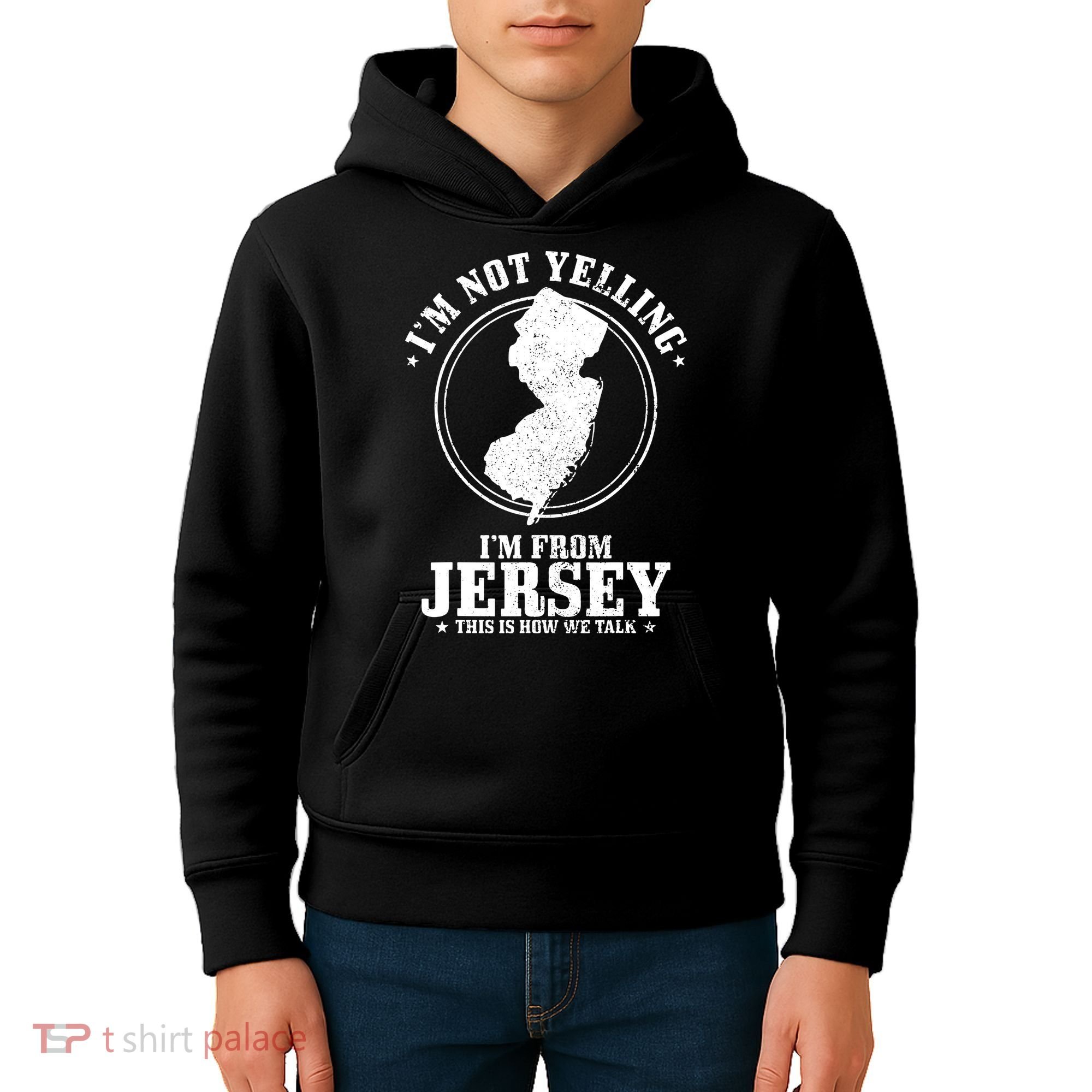 Im Not Yelling Im From New Jersey Funny State Map Pride Kids Hoodie
