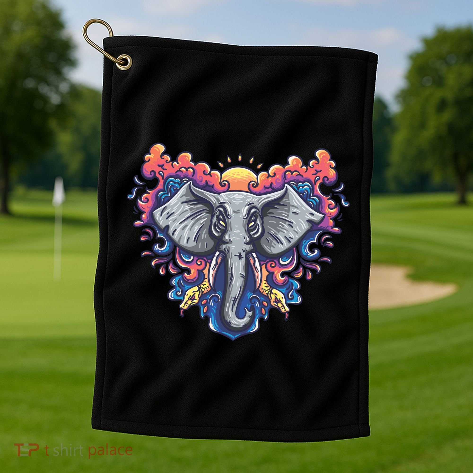 Illustration Of An Elephant Sunrise Golf Towel
