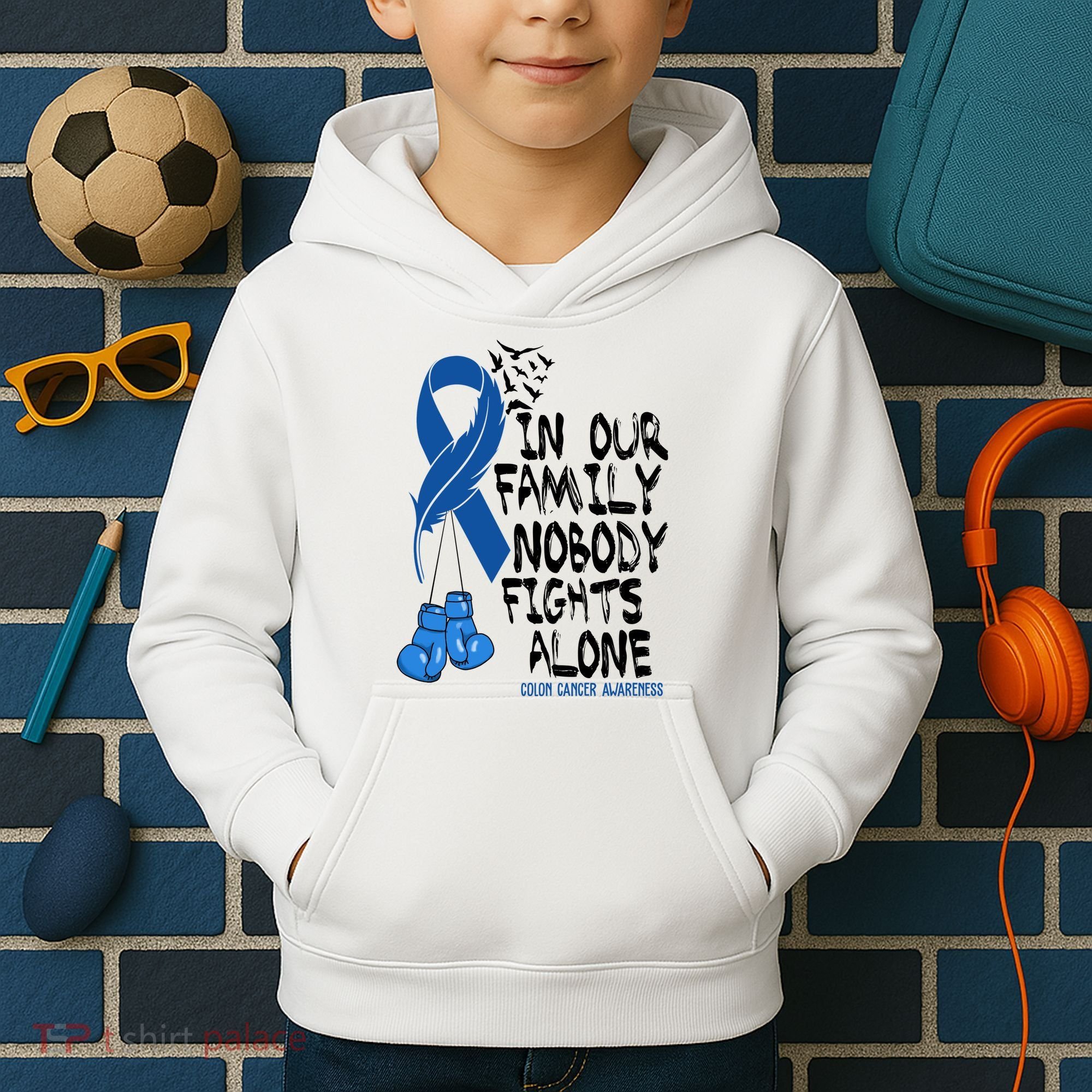 In Our Family Nobody Fights Alone Colon Cancer Awareness Kids Hoodie