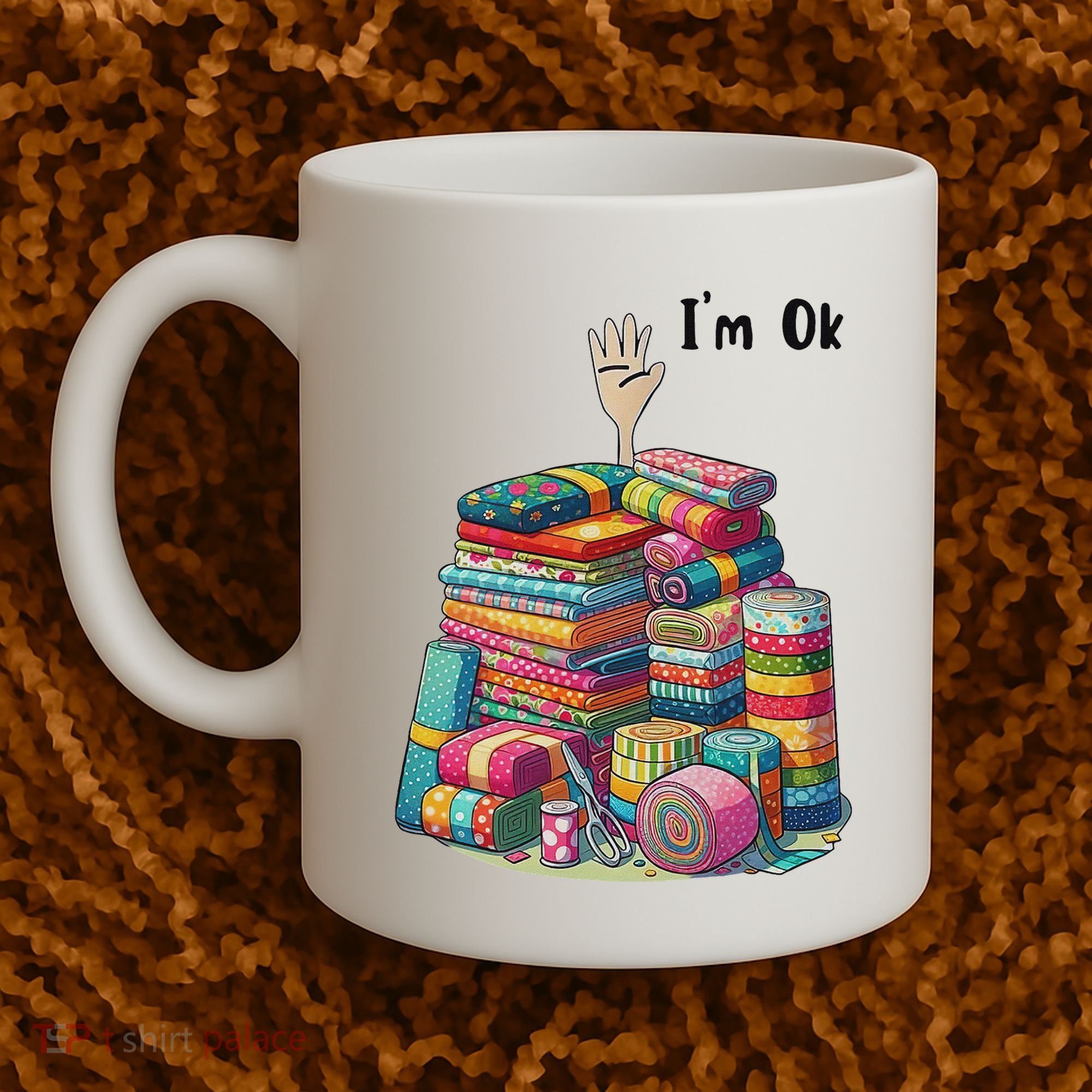 IM Ok Funny Sewing Quilting Fabric Coffee Mug