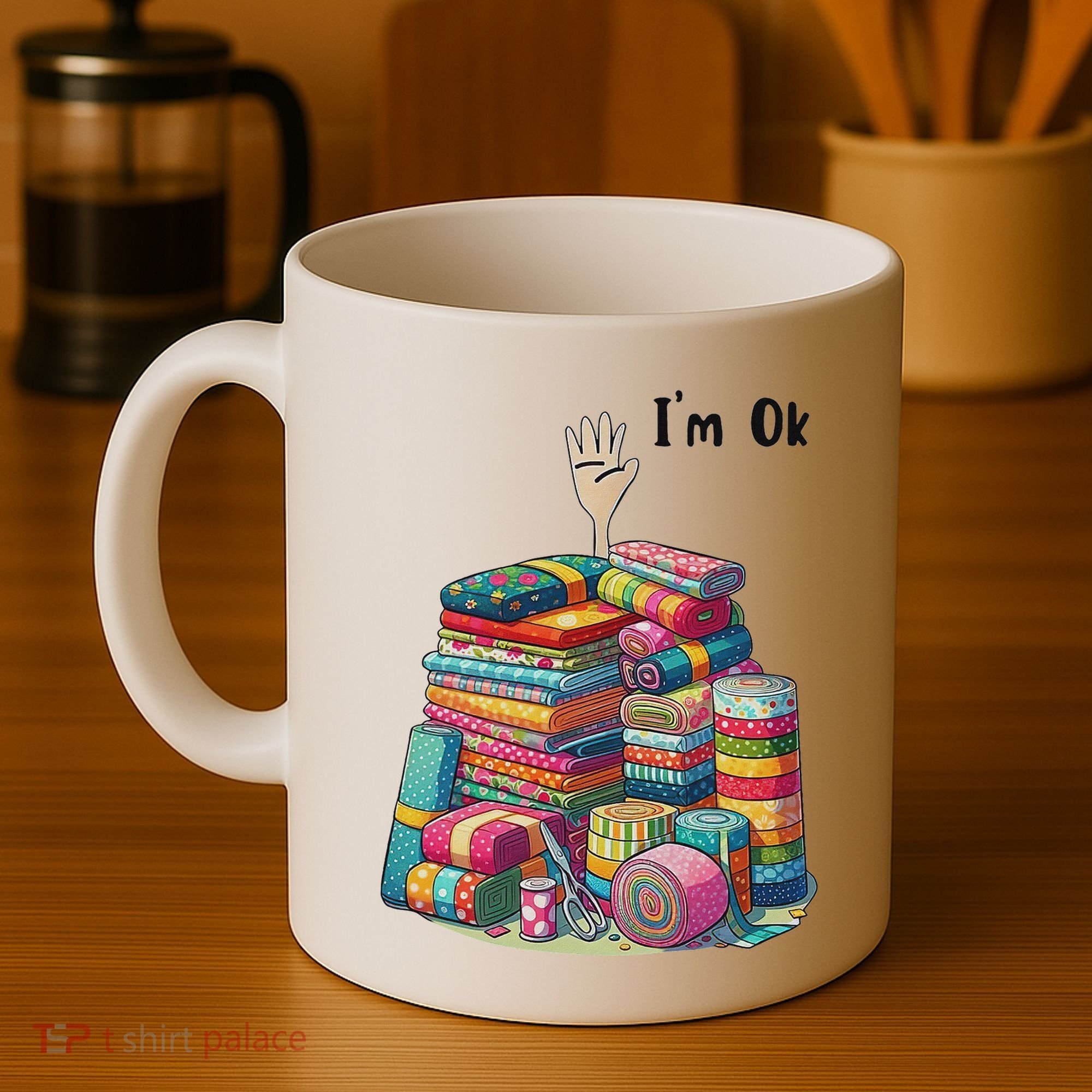 IM Ok Funny Sewing Quilting Fabric Coffee Mug