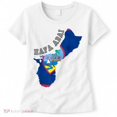 Island of Guam Map with Flag, Hafa Adai, Chamorro Design Women's T-Shirt