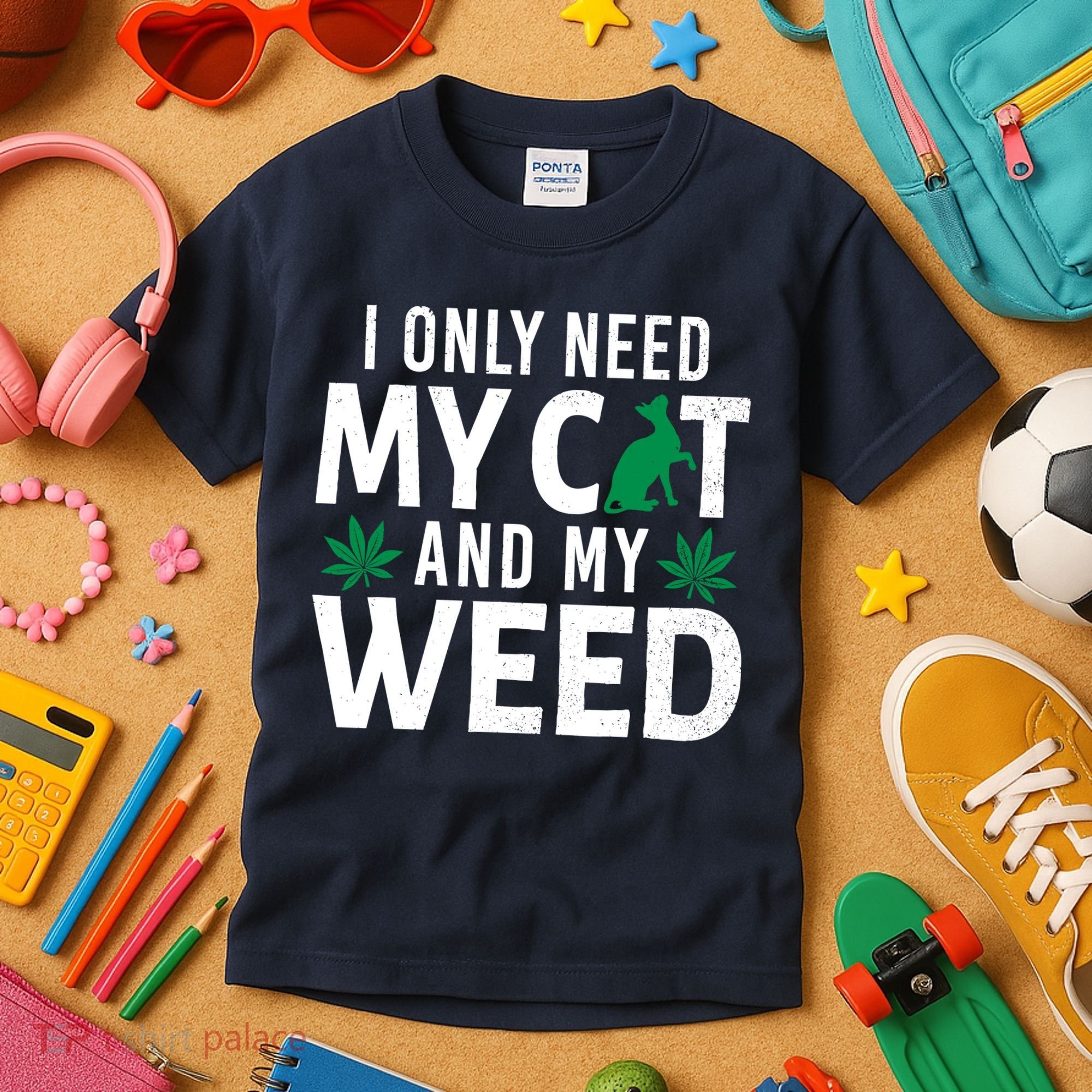 I Only Need My Cat And My Weed Funny Marijuana Pot Smoker Kids T-Shirt