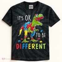 Its Ok to Be Different Autism Dinosaur Kids Tie-Dye T-Shirt thumb 0