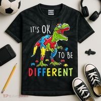 Its Ok to Be Different Autism Dinosaur Kids Tie-Dye T-Shirt thumb 2