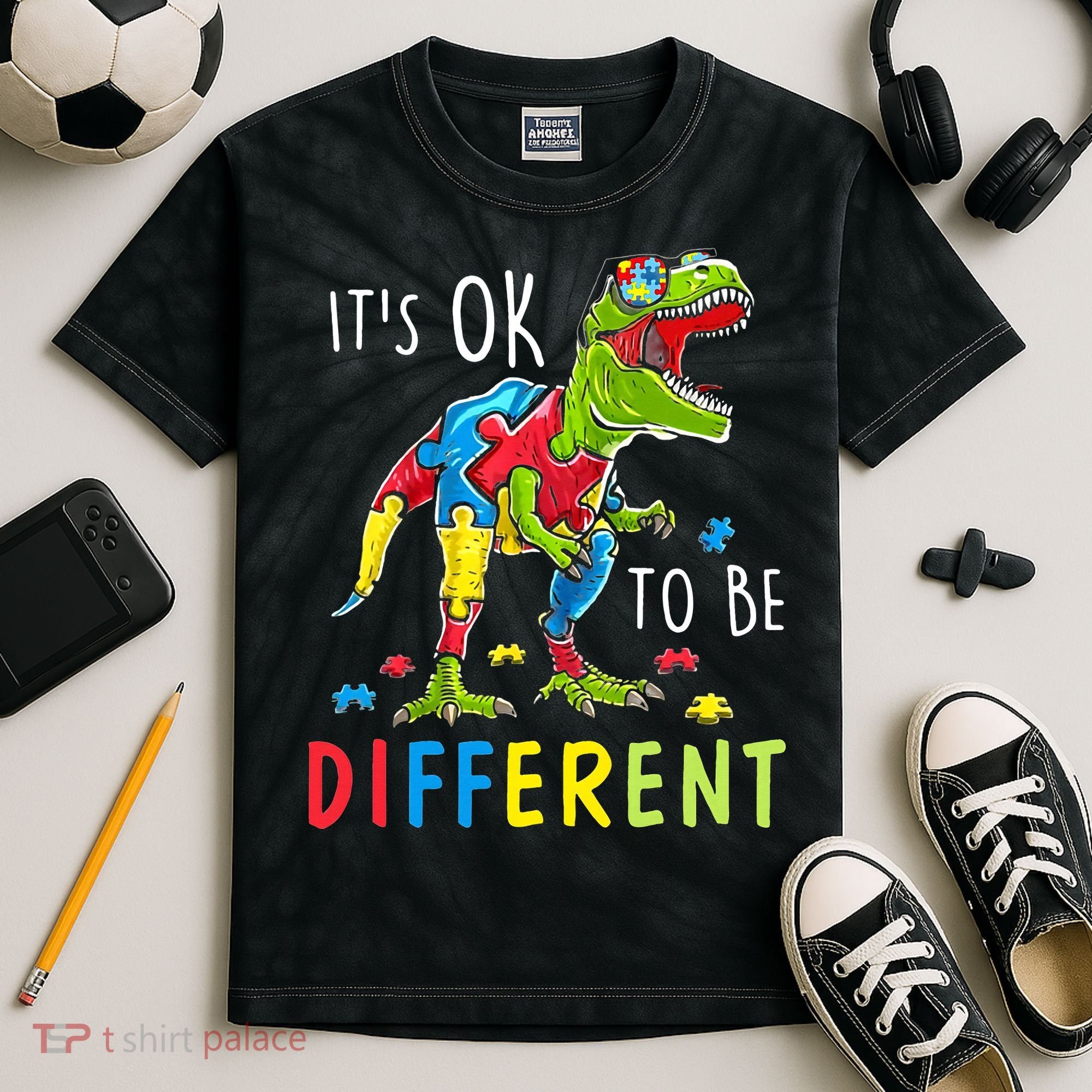 Its Ok to Be Different Autism Dinosaur Kids Tie-Dye T-Shirt