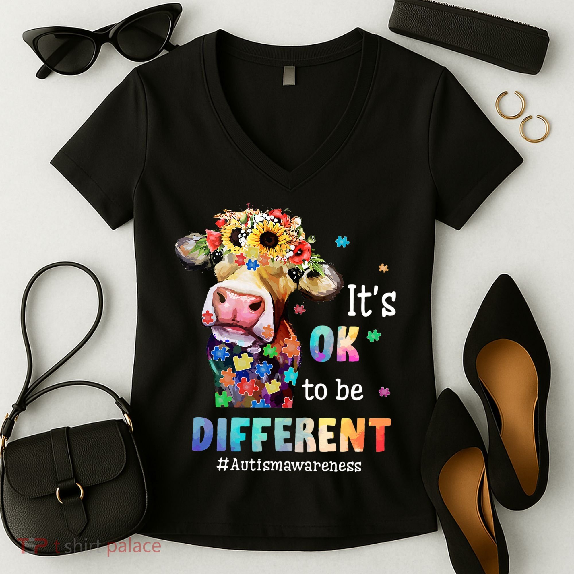 It's Ok To Be Different Heifer Cow Autism Awareness Women's V-Neck T-Shirt