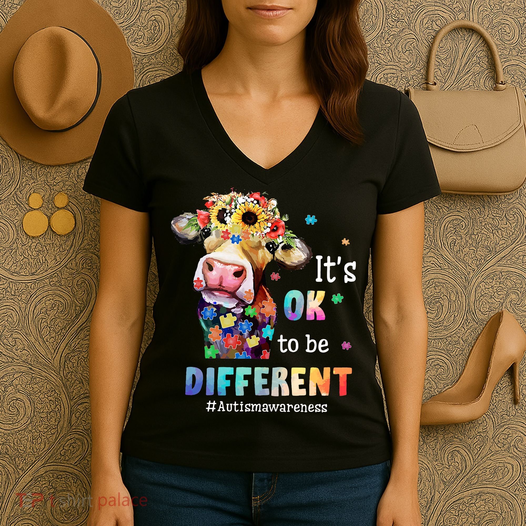It's Ok To Be Different Heifer Cow Autism Awareness Women's V-Neck T-Shirt