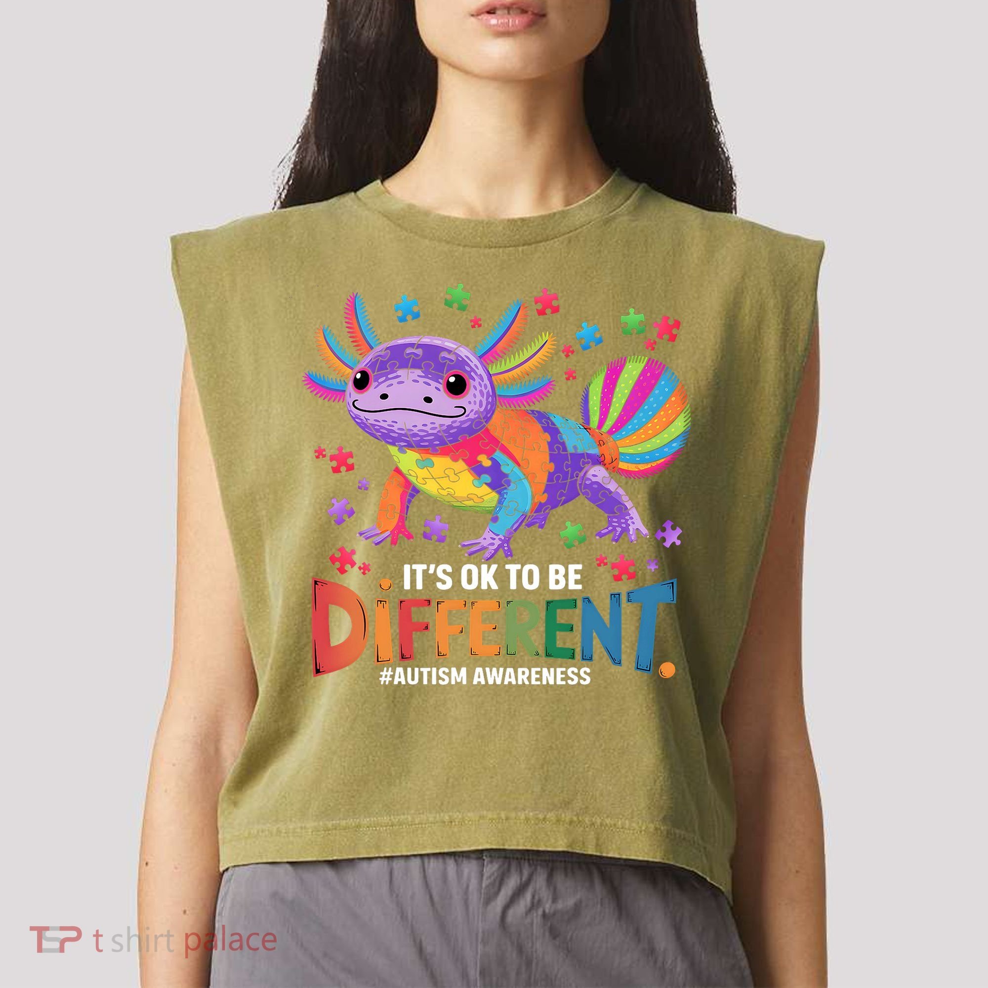 It's OK To Be Different Autism Awareness Axolotl Lovers Garment-Dyed Women's Muscle Tee