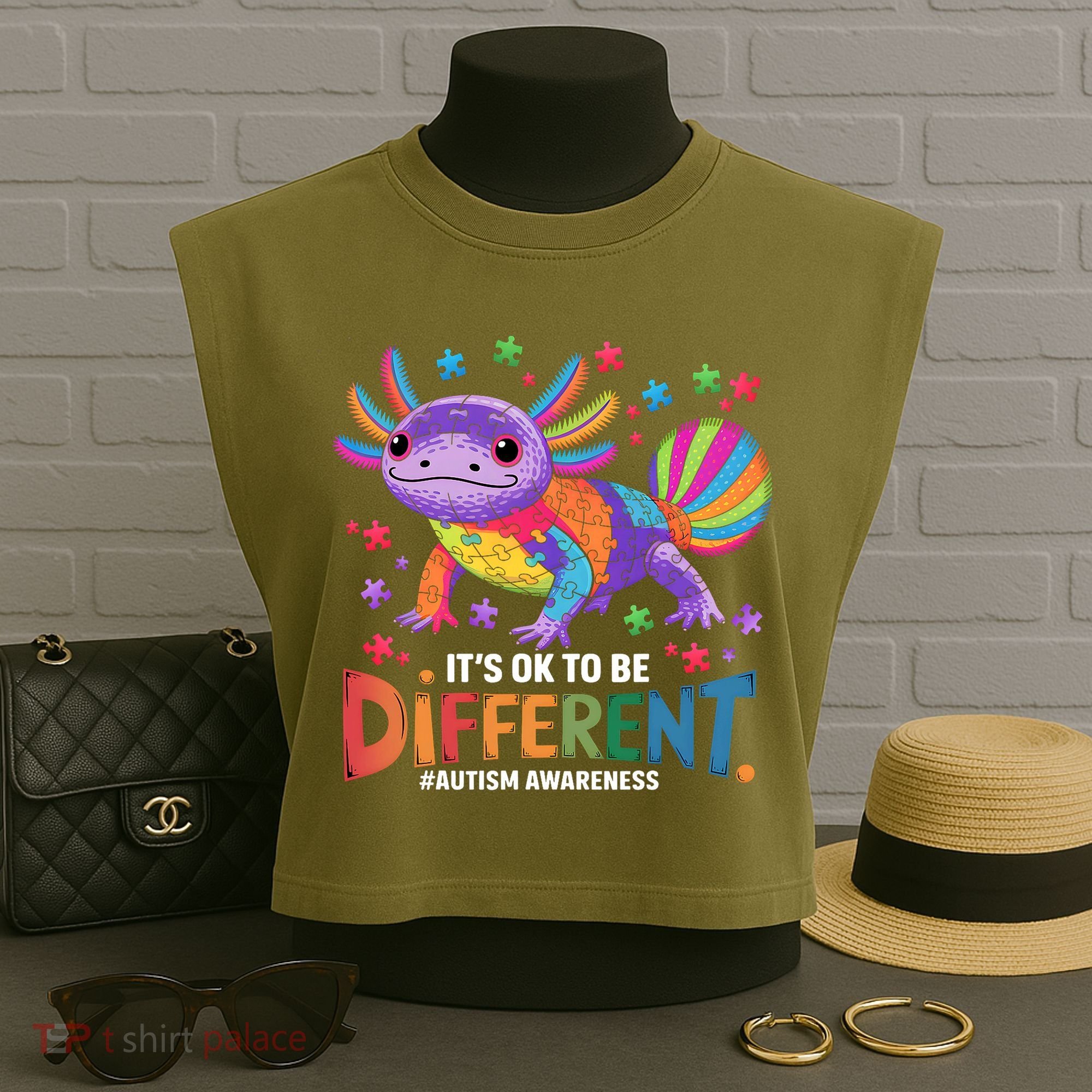 It's OK To Be Different Autism Awareness Axolotl Lovers Garment-Dyed Women's Muscle Tee