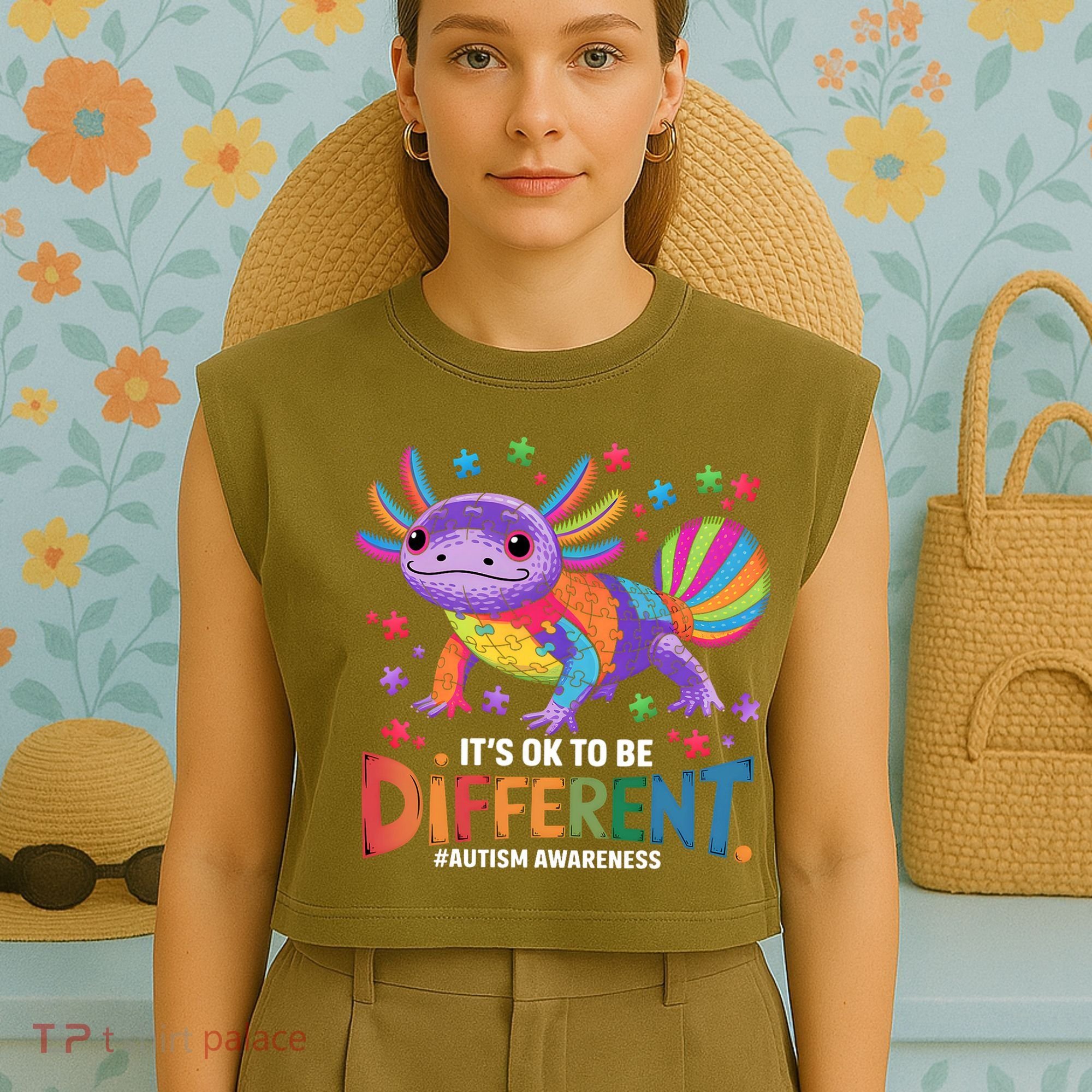 It's OK To Be Different Autism Awareness Axolotl Lovers Garment-Dyed Women's Muscle Tee