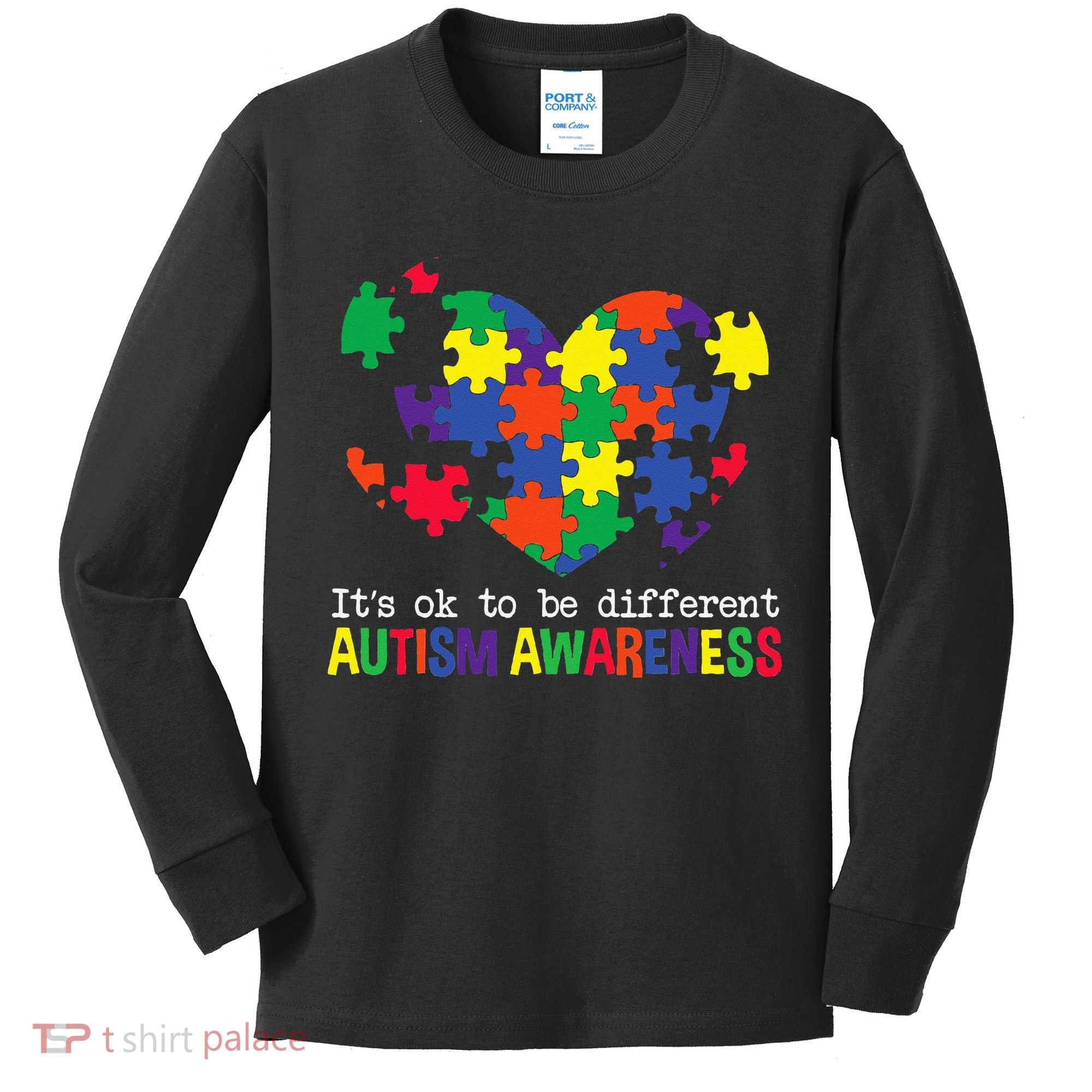 It's Ok to Be Different Autism Awareness Big Puzzle Heart Kids Long Sleeve Shirt