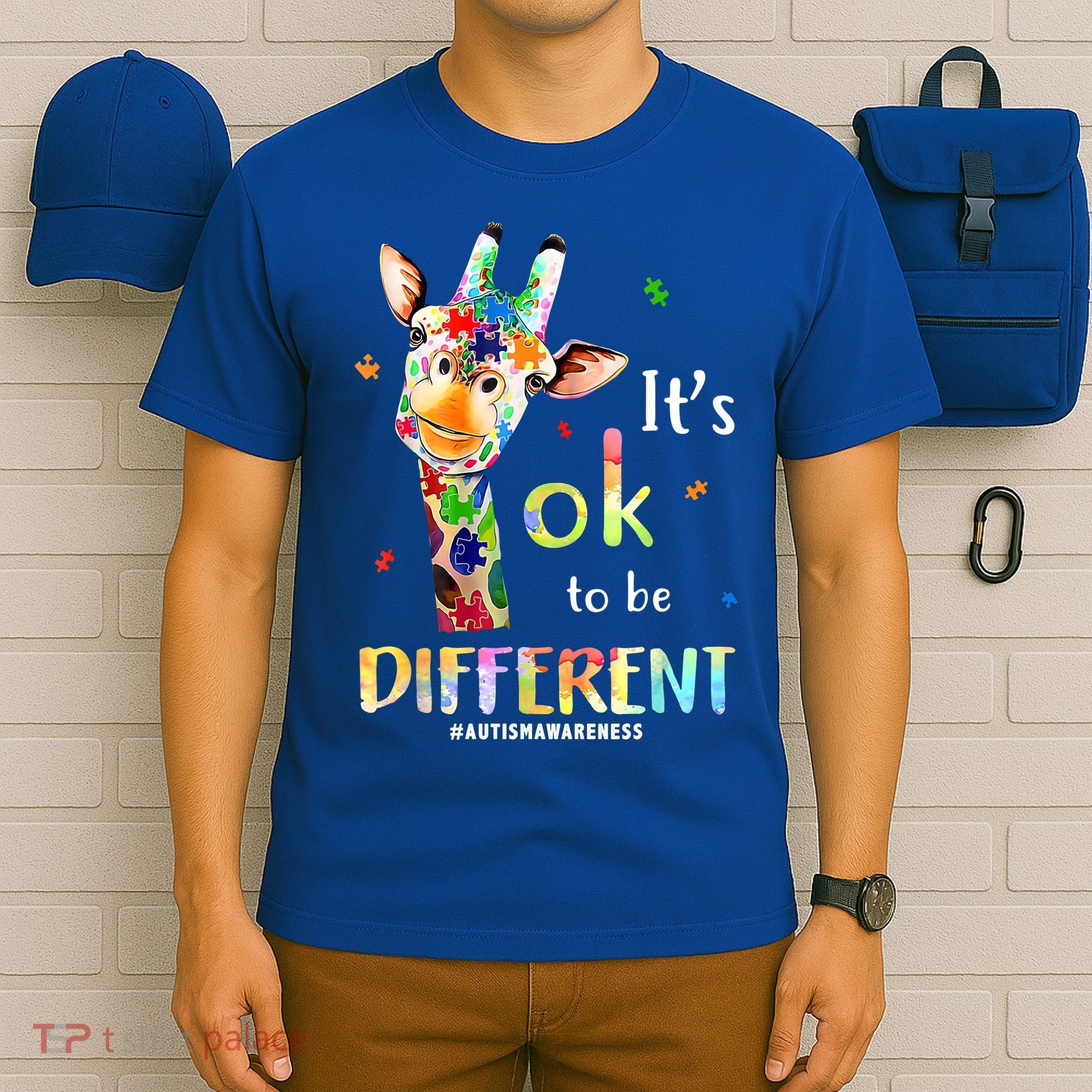 It's Ok To Be Different Autism Awareness Puzzle Giraffe T-Shirt