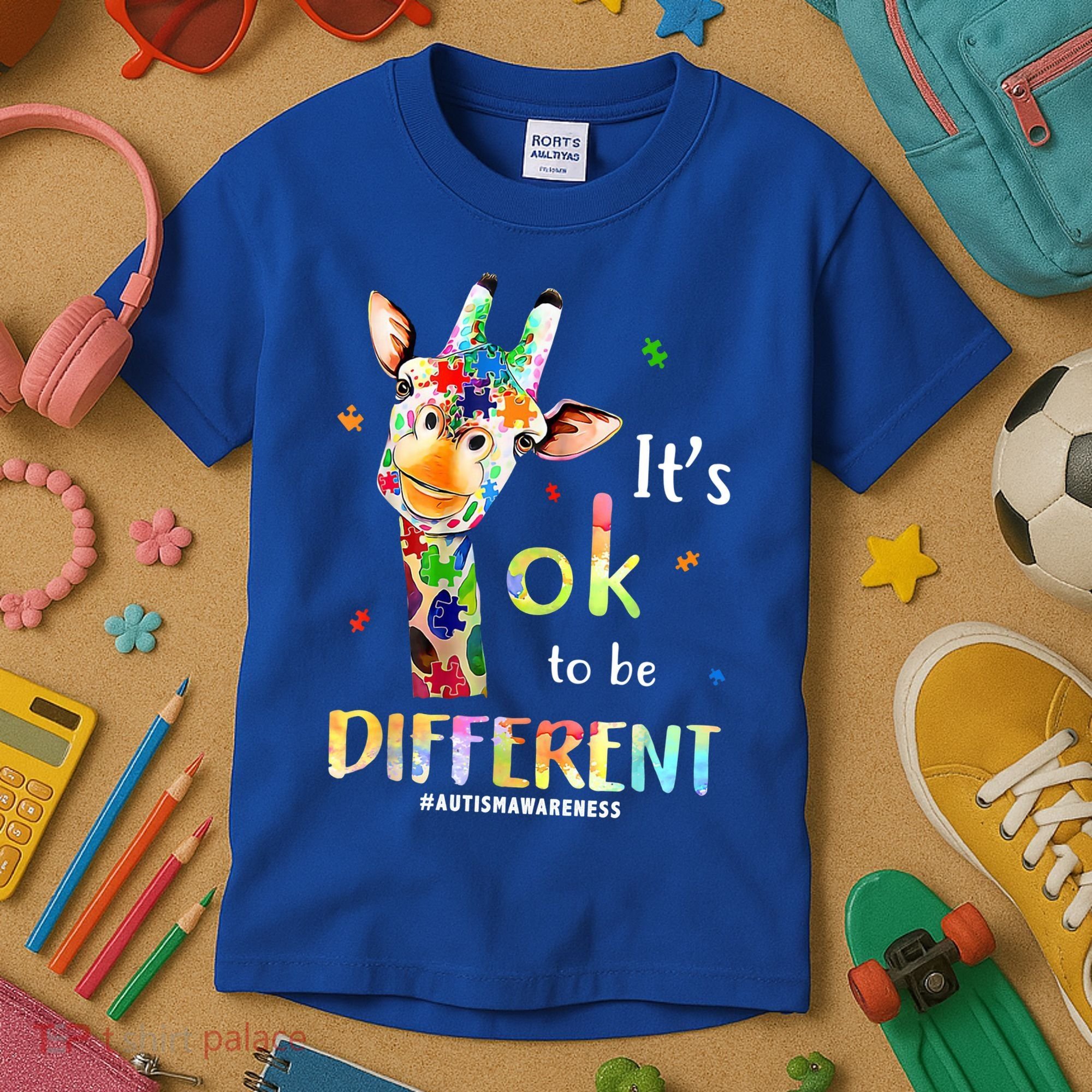 It's Ok To Be Different Autism Awareness Puzzle Giraffe Kids T-Shirt