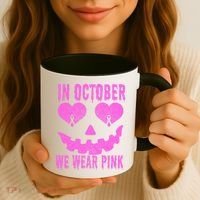 In October We Wear Pink Breast Cancer Pink Jackolantern Halloween Coffee Mug thumb 3